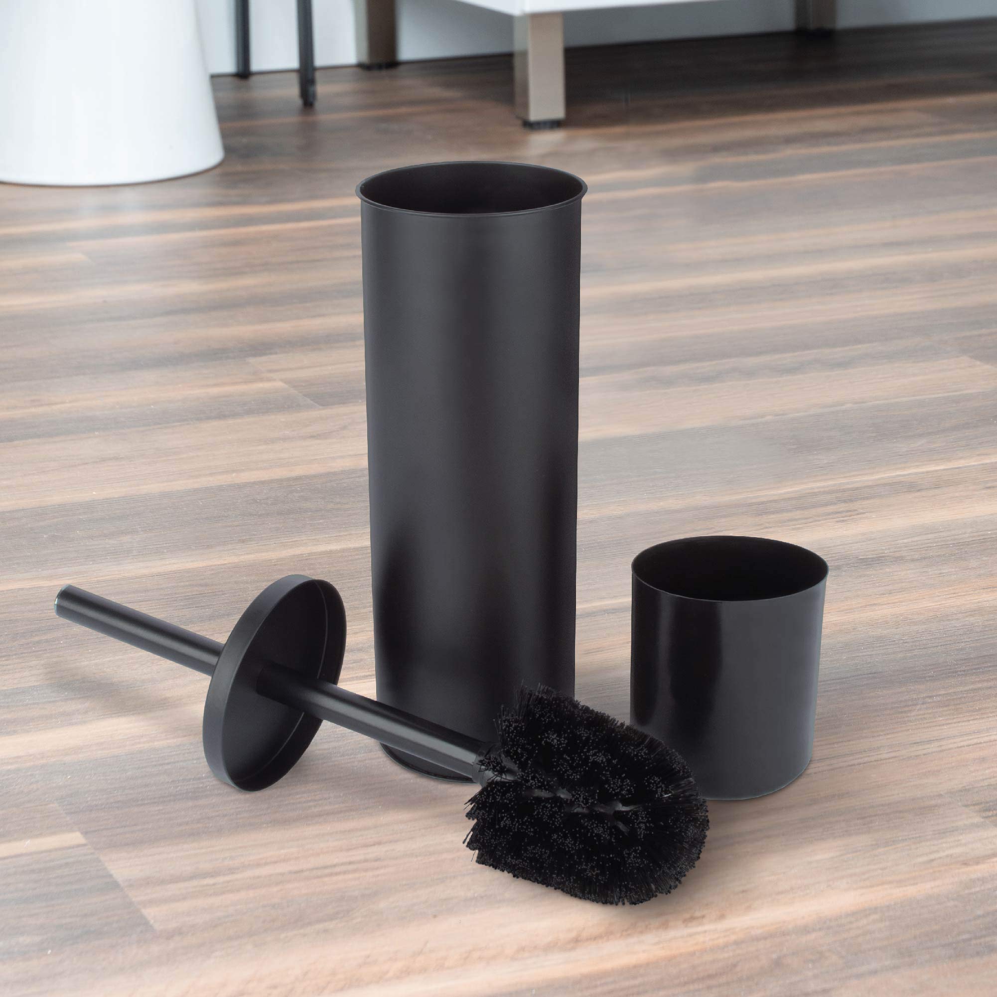 JS Jackson Supplies Elegante escobilla de inodoro y soporte con mango de metal, rasqueta, color negro mate