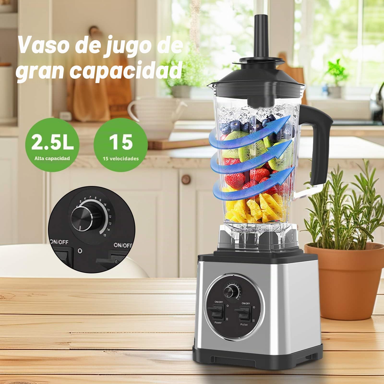 Batidora profesional 3 en 1 para casa, 6000 W, batidora batida, 3 tarros (2,5 l/2 l/0,8 L), 15 velocidades, cuchillas de acero inoxidable, para batidos, helados picados, jugo y molienda de semillas