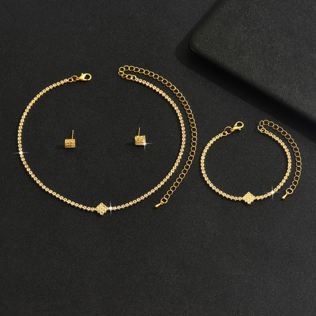 Prom Earrings Necklace Bracelet Set for Women Rhinestone Bride Wedding Jewelry Set Sparkle Crystal Square Choker Stud Earring Elegant Bridal Accessories for Weddings Prom Parties - Image 4