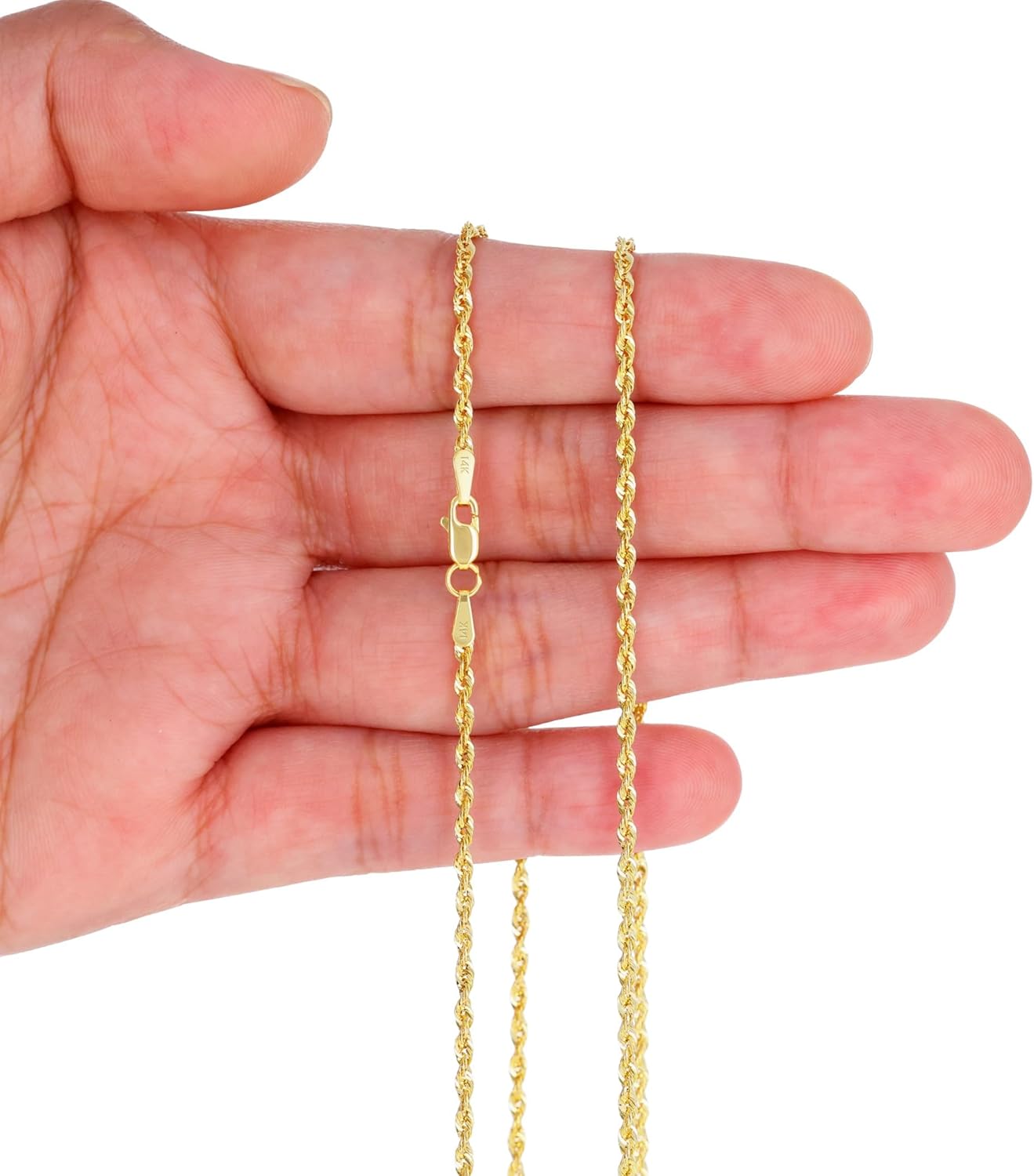 Nuragold 14K Real Yellow Gold Rope Diamond Cut Chain Lightweight Necklace 16"-30" (1.5mm-4mm) Italian Jewelry for Men & Women