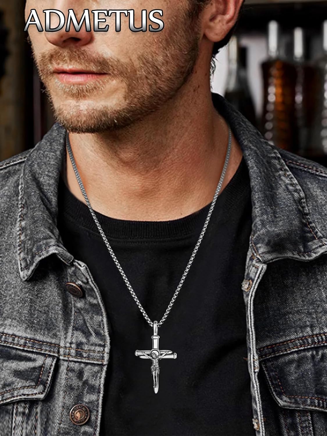 ADMETUS 925 Sterling Silver Patron Saint Necklace | Amulet Necklace Cross Jewelry for Men with 2.5mm 22"+2" Rolo Chain - Image 3