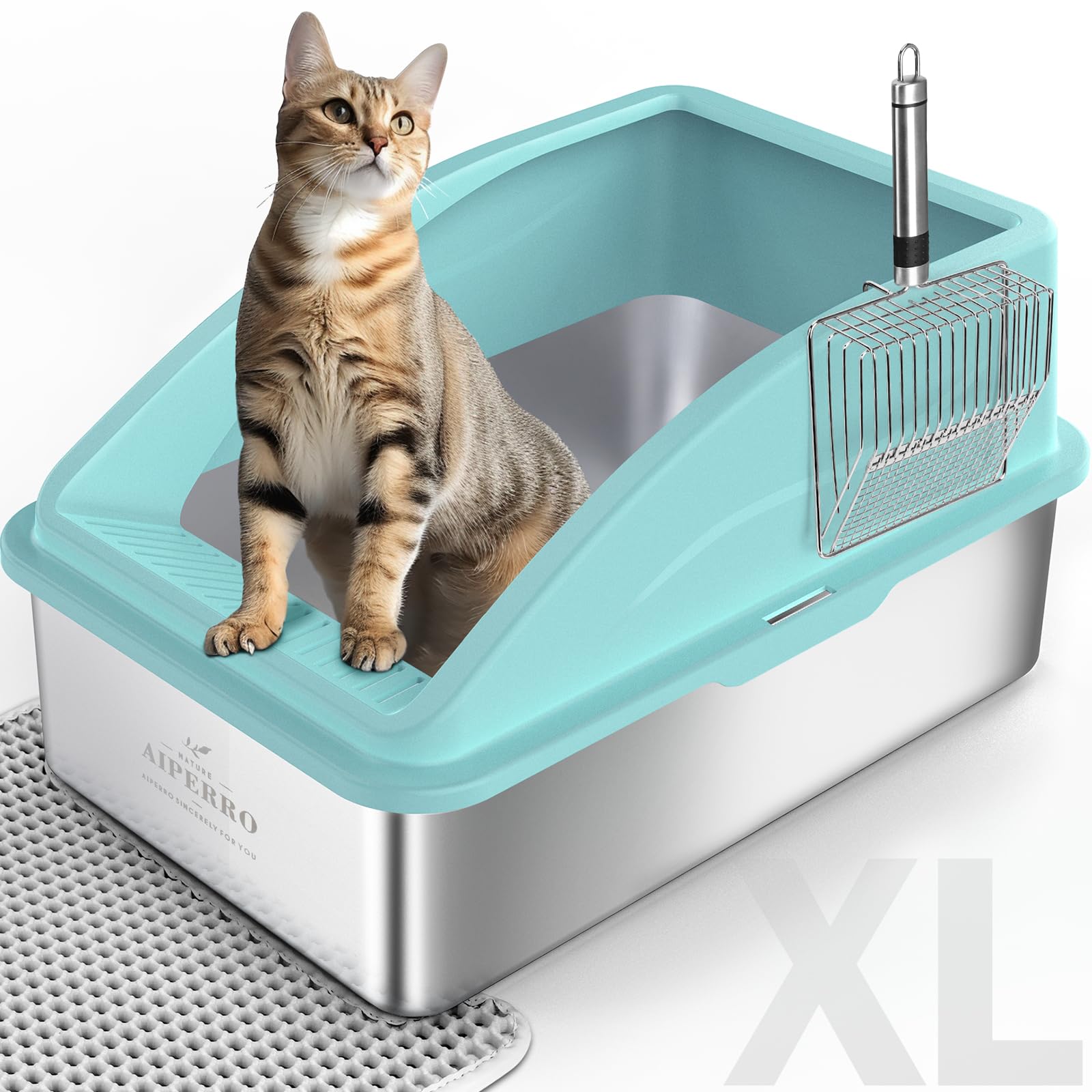 Stainless Steel Cat Litter Box XL Extra Large Enclosed High Sided, Anti-Urine Leakage, Include Cat Mat and All-Metal Litter Scoop (Turquoise) — image 1