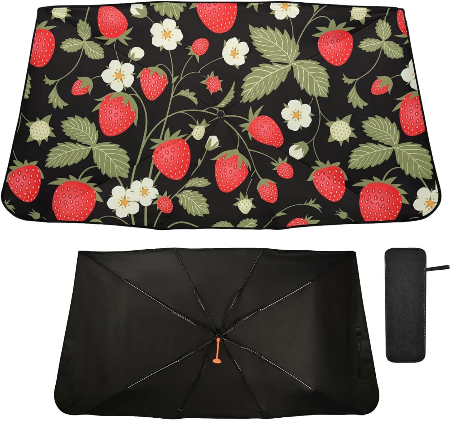 Strawberry Windshield Sun Shade Umbrella Fruit Flowers Leaves Foldable Car Front Window Sunshade Blocks UV Rays Heat Keep Vehicle Cool (55" x 27.5")