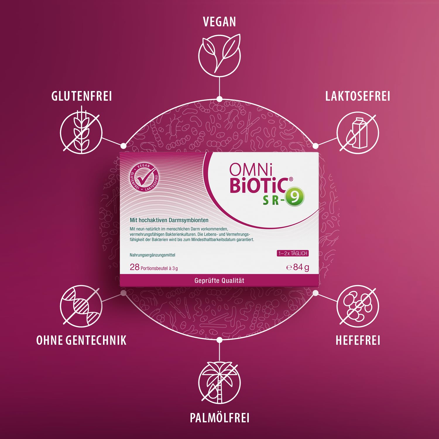 OMNi BiOTiC SR-9 | 56 porciones (168 g) | 9 cepas de bacterias | 15 mil millones de gérmenes por dosis diaria | Polvo | Vegano | Sin gluten | Sin lactosa | Para uso diario
