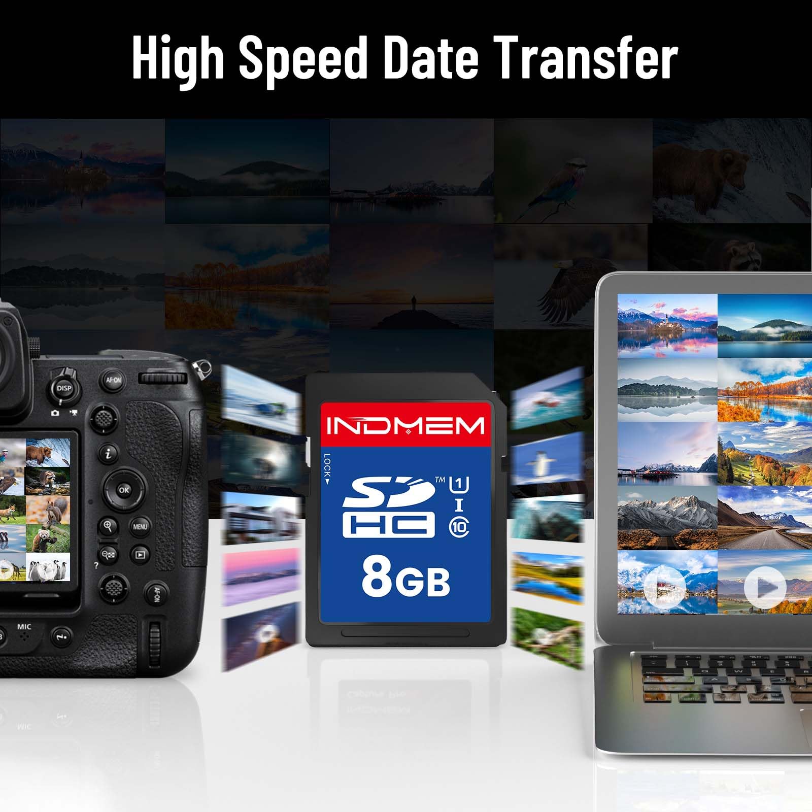 INDMEM Carte SD de 8 Go (lot de 3), cartes mémoire C10 SDHC UHS-I U1 Classe 10 haute vitesse Full 4K HD Vidéo compatible avec les appareils photo numériques point-and-shoot, caméscopes HD,