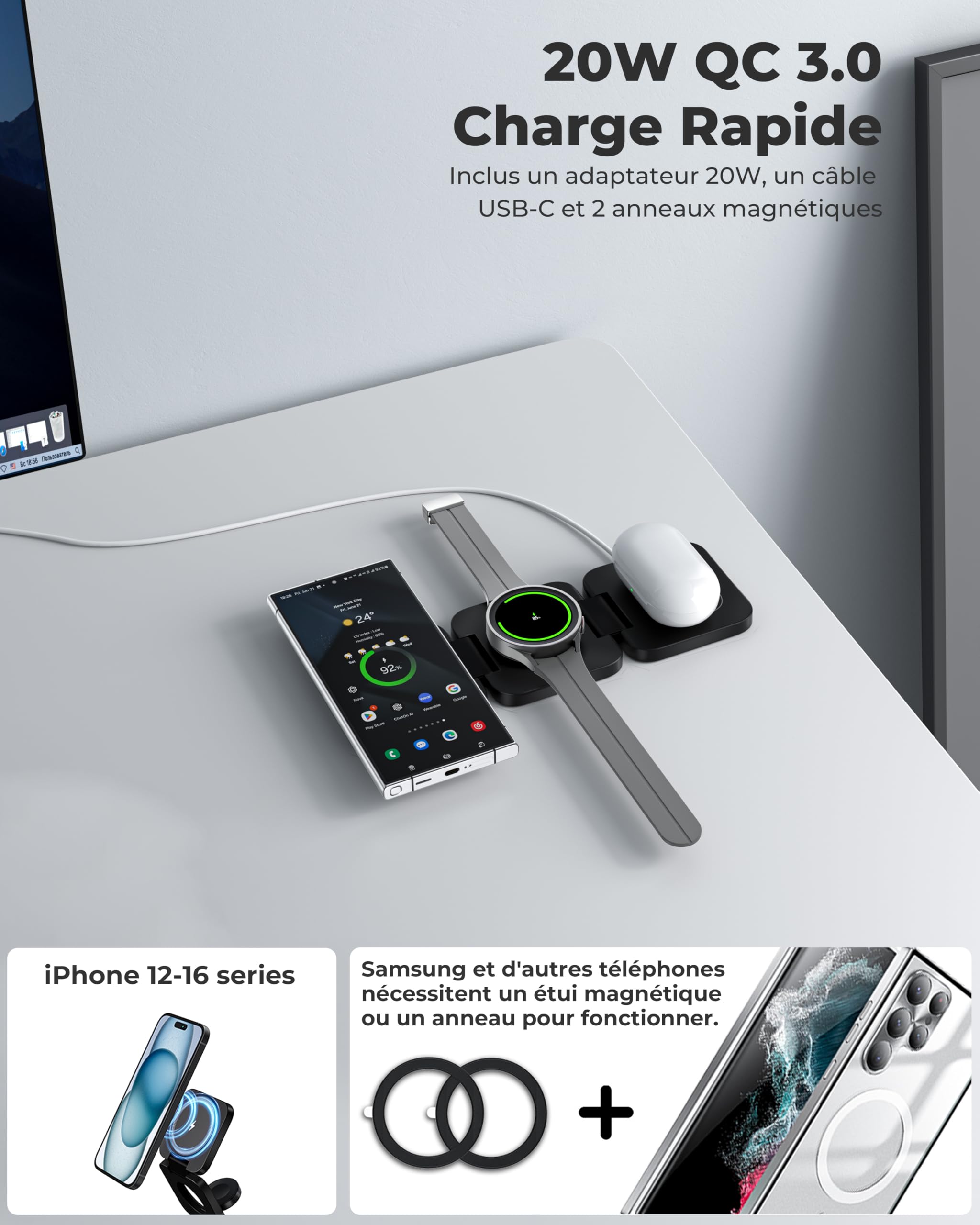 KU XIU Chargeur Induction pour Samsung, Magnétique Pliable Chargeur sans Fil pour Galaxy S25 Ultra S24 S23 S22 Note Z Fold Flip, Chargeur 3 en 1 pour Galaxy Watch Ultra 7 6 5 4, pour Galaxy Buds