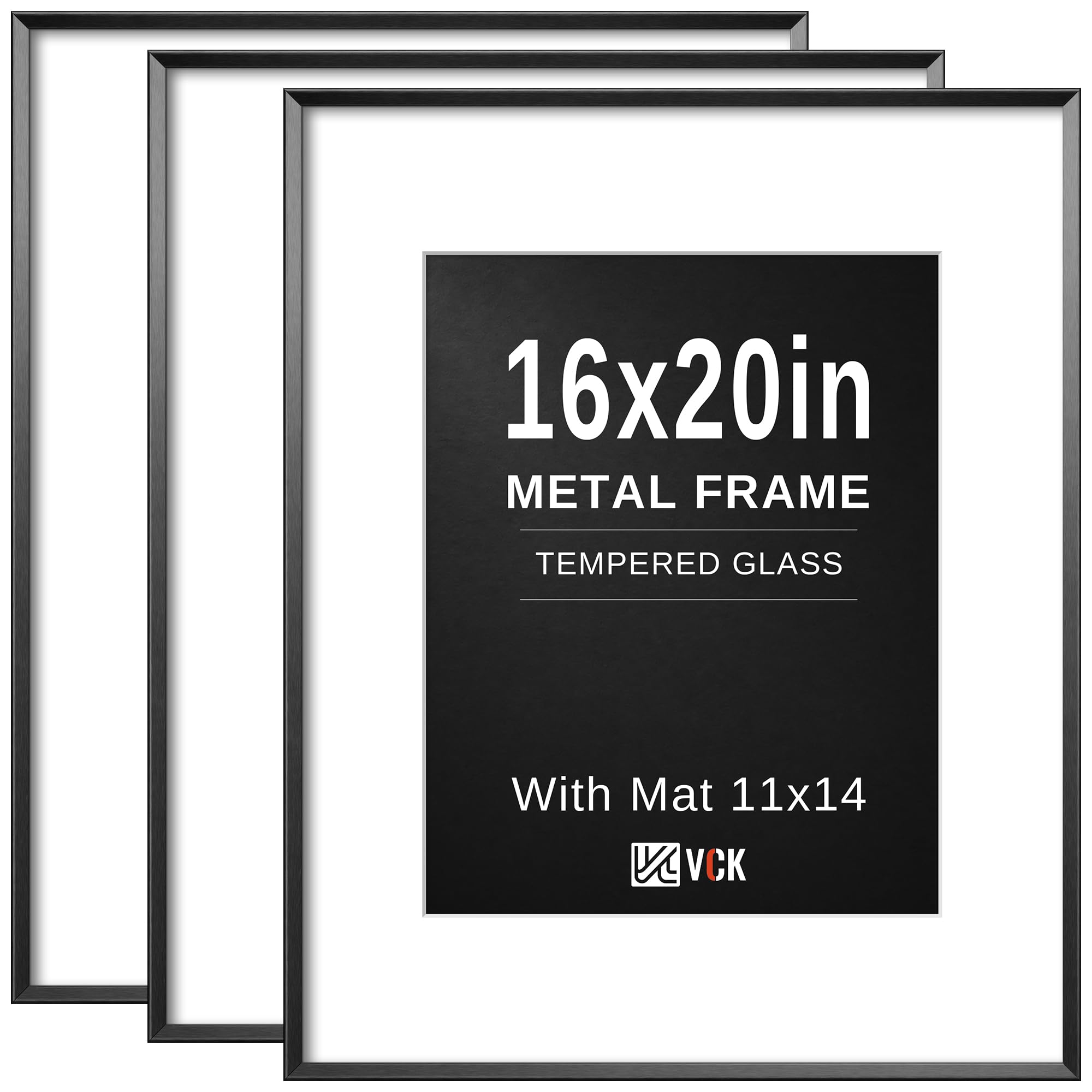 VCK Black 16x20 Picture Frame Metal for Wall, 3 Pack Aluminum Poster Frame with Real Glass, with Mat for 11x14 Photo or 16x20 without Mat, Great for Wall Arts, Prints