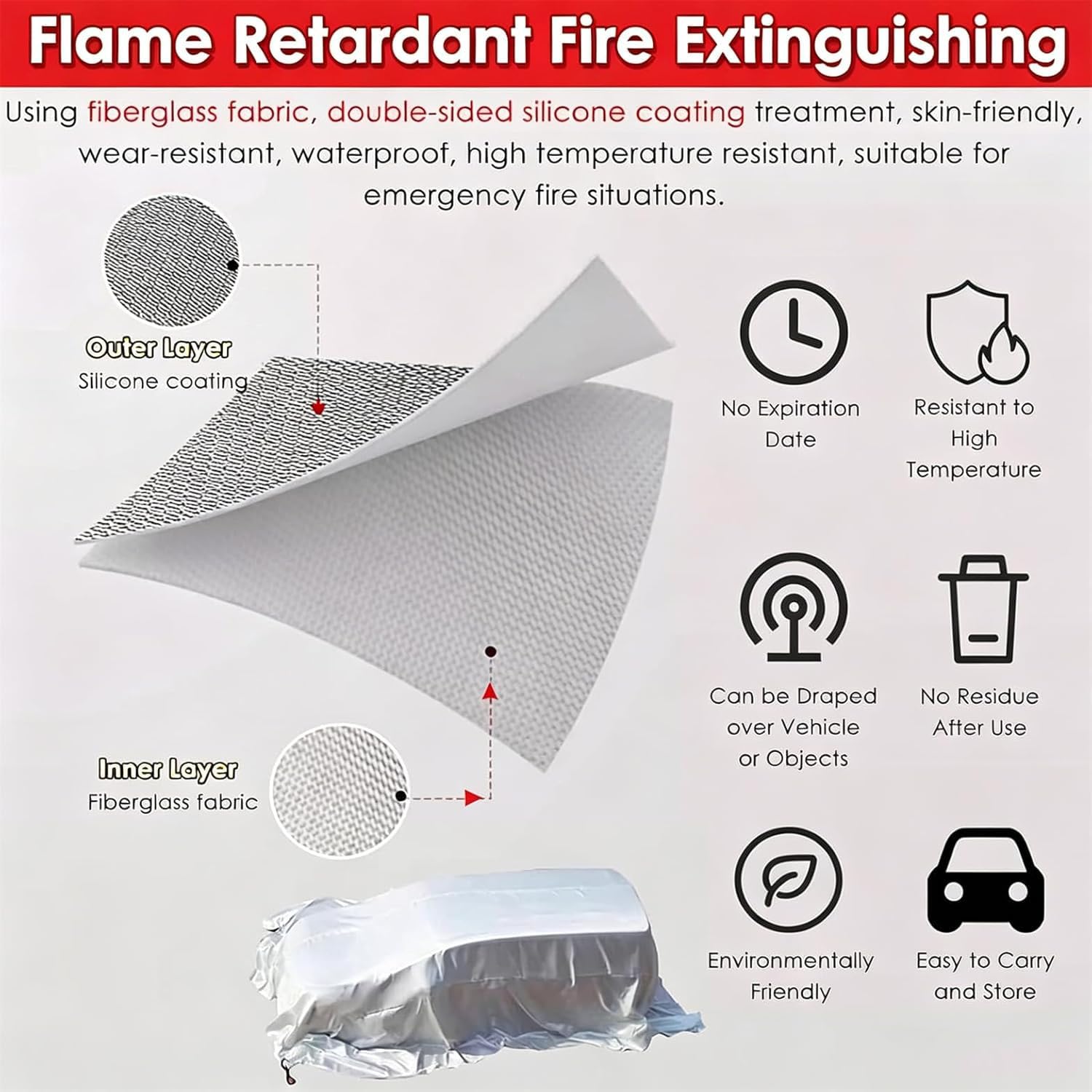 Mantas Ignífugas Emergencia para Coche, Manta Extinción Incendios 1100 °C, Cubierta Fibra De Vidrio Recubierta Silicona, Mantas De Extinción Incendios Resistentes Al Calor 3x4m/9.8x13.1ft