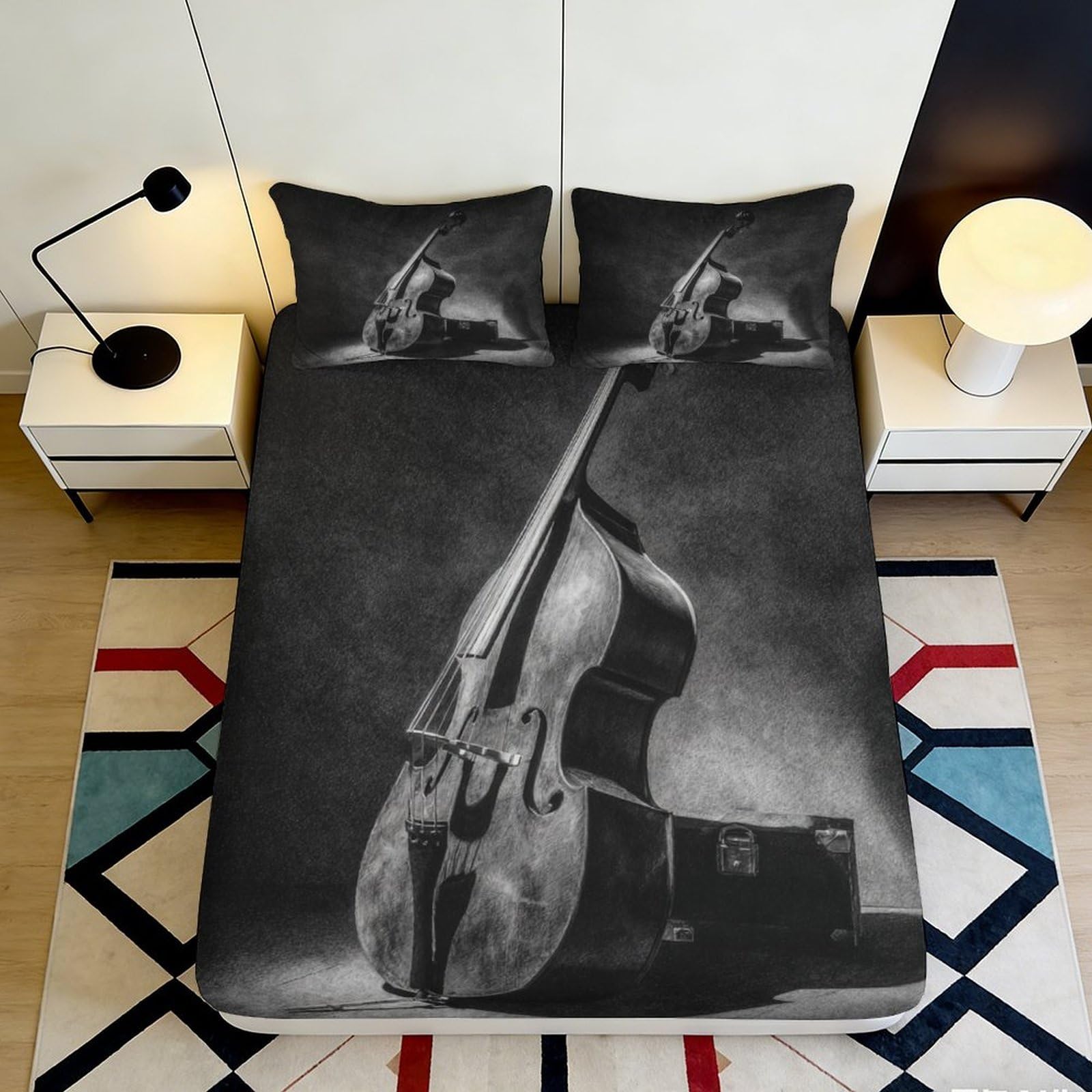 3D Printed Vintage Violin Fitted Sheet Microfiber Anti-Slip Artistic Black Bed Cover for Bedroom Guest Room Decor 90x200x25cm