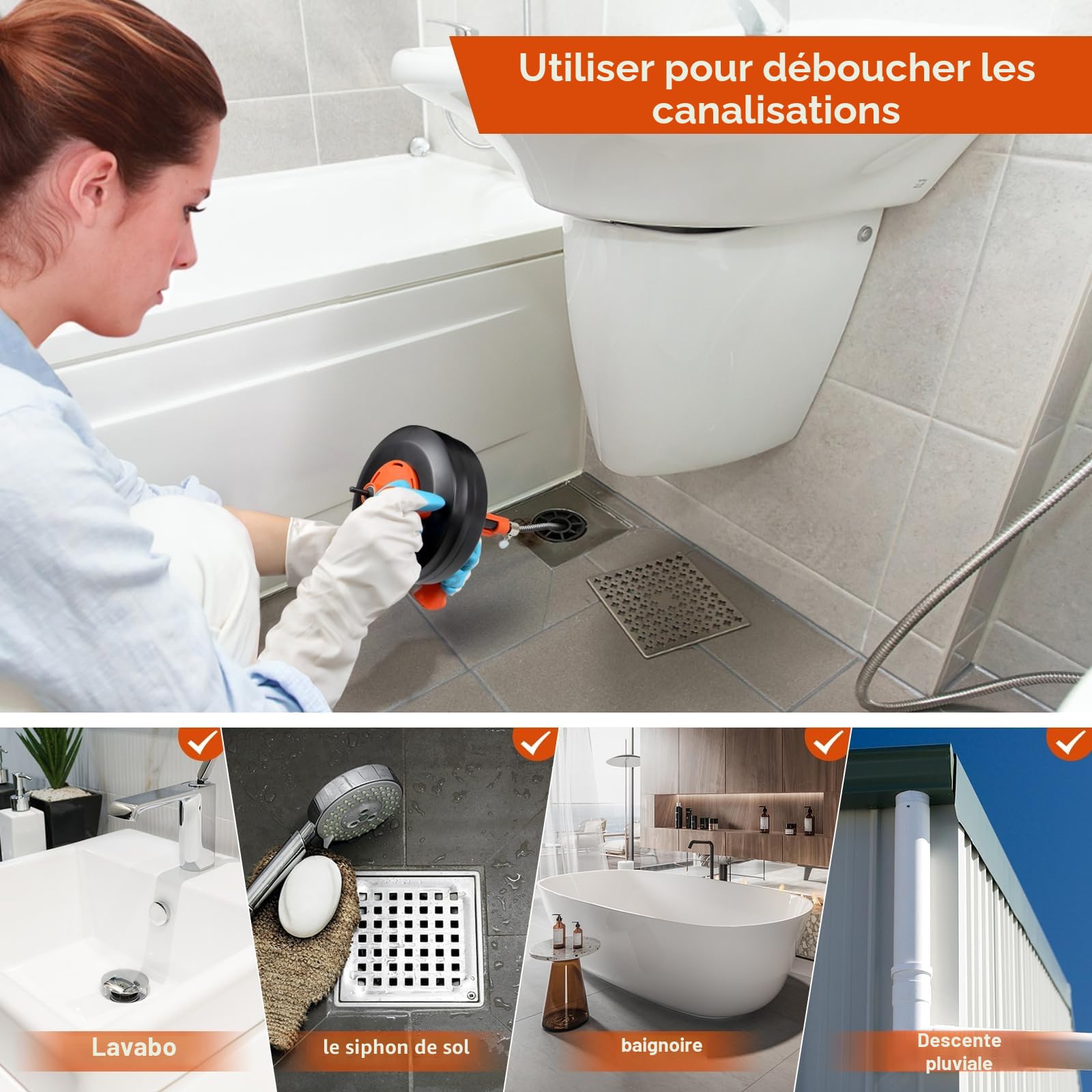 Furet déboucheur Stable - Spirale Nettoyage Tuyau 10 m, Tambour Métal & Embout de Percage