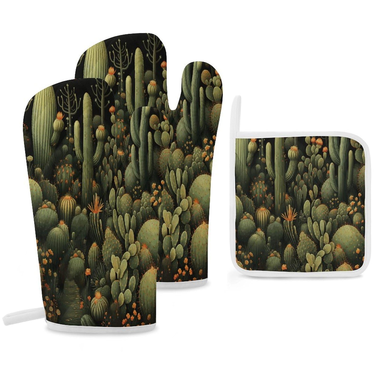Fekiloot Style Green Cactus Oven Mitts Funny Heat Resistant,Oven Glove With Hanging Loop,Resistant Hot Pads For Kitchen Baking Grilling Cooking