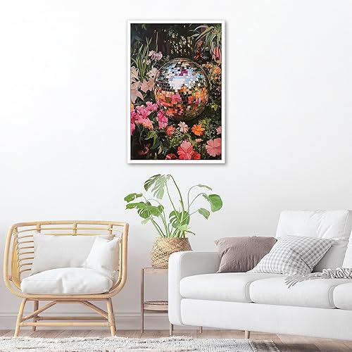 Miniatura 4 de Póster de bola de discoteca de moda entre las coloridas flores, póster retro de bola de discoteca de los años 60 y 70, estilo floral, estética,