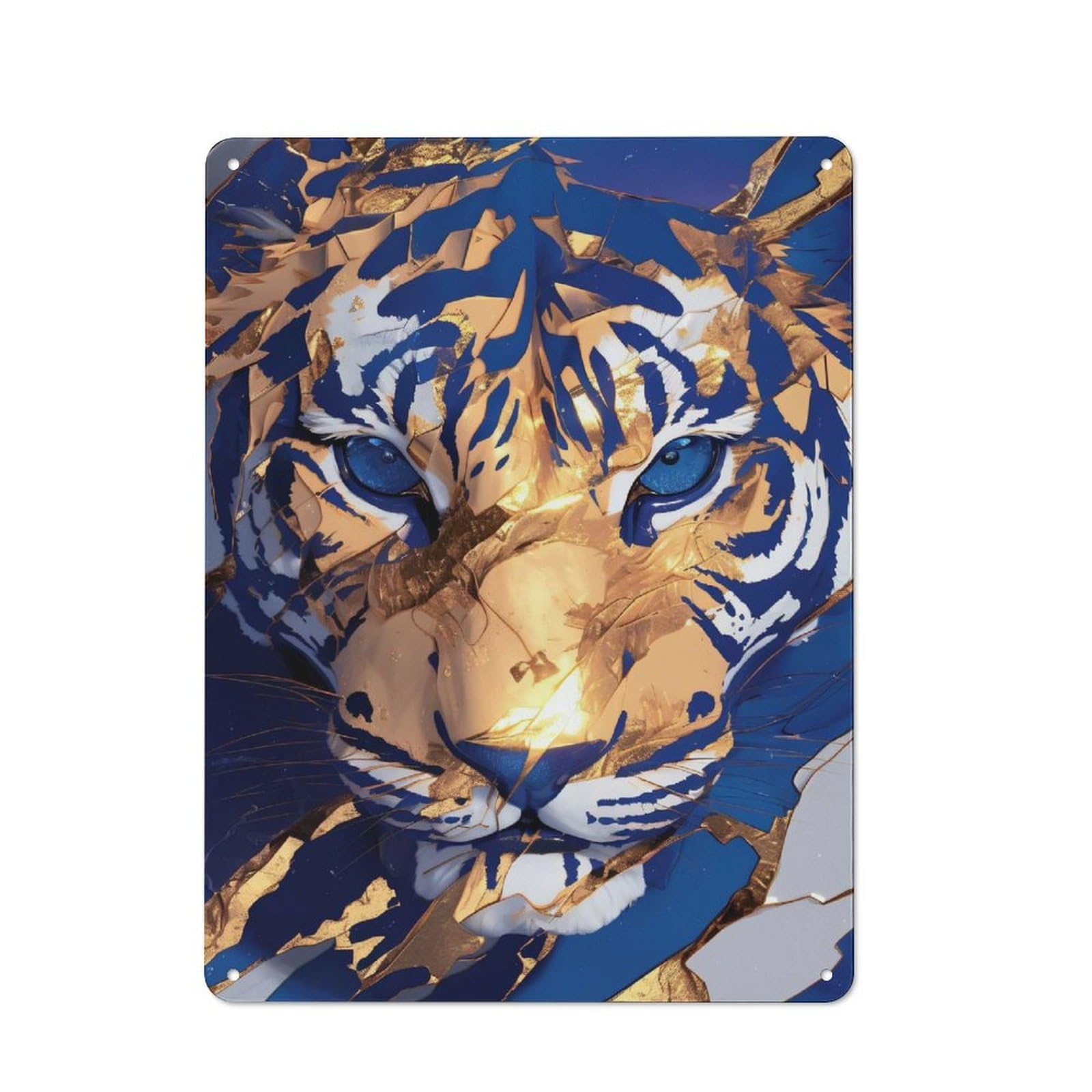 Junmoney Style Cafe Decorative Metal Plaque 40X30cm Featuring Abstract Tiger Portrait In Blue And Gold, Bistro Wall Plaque For Tea Room, Shop Wall Or Breakfast Area