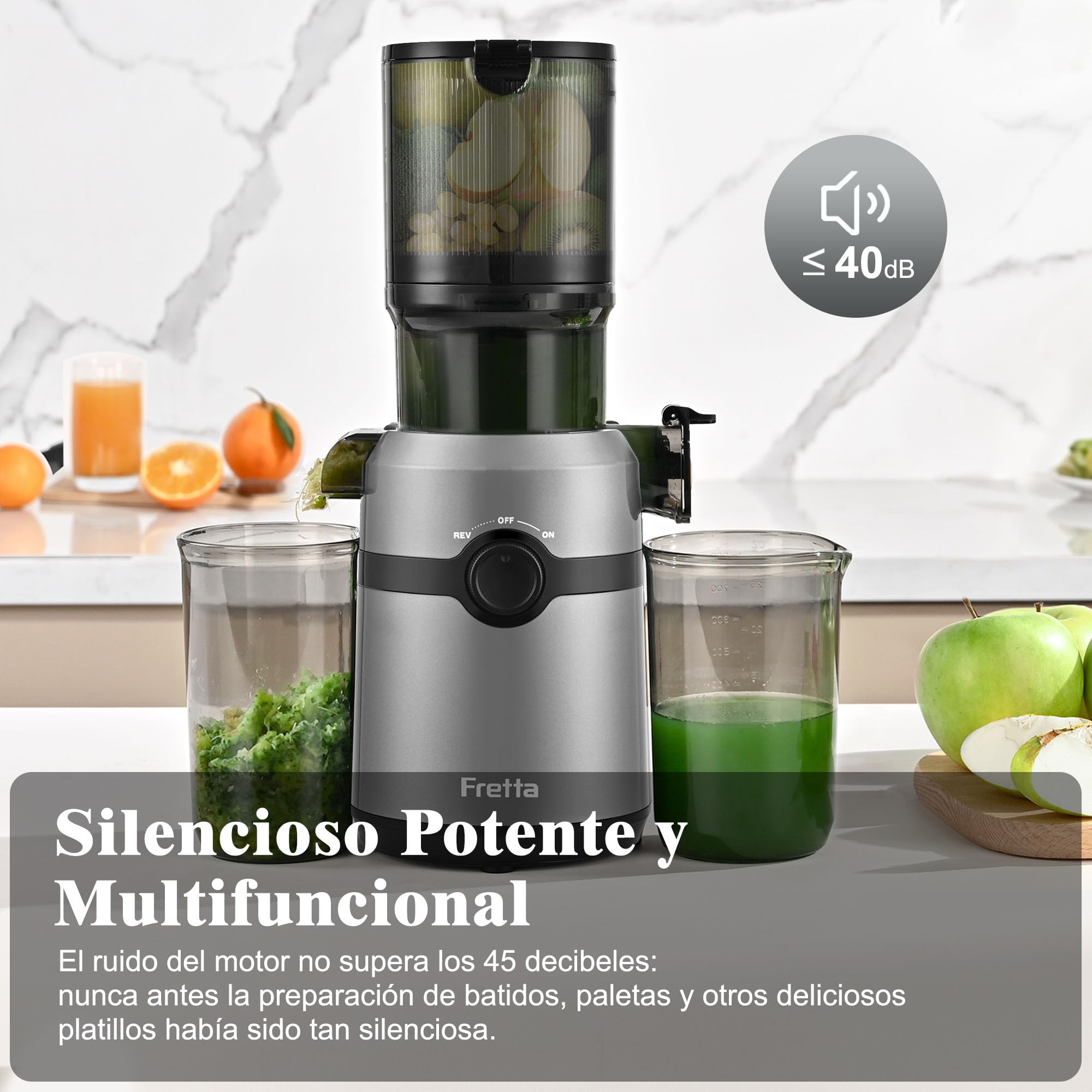 Fretta Extractor de Zumos y Verduras, Apertura de 108MM y Capacidad de 1L, Licuadora Prensado en Frio para Verduras Frutas Enteras, 200W Slow Juicer Machine, Fácil Montaje y Limpieza, Sin BPA (Gris)