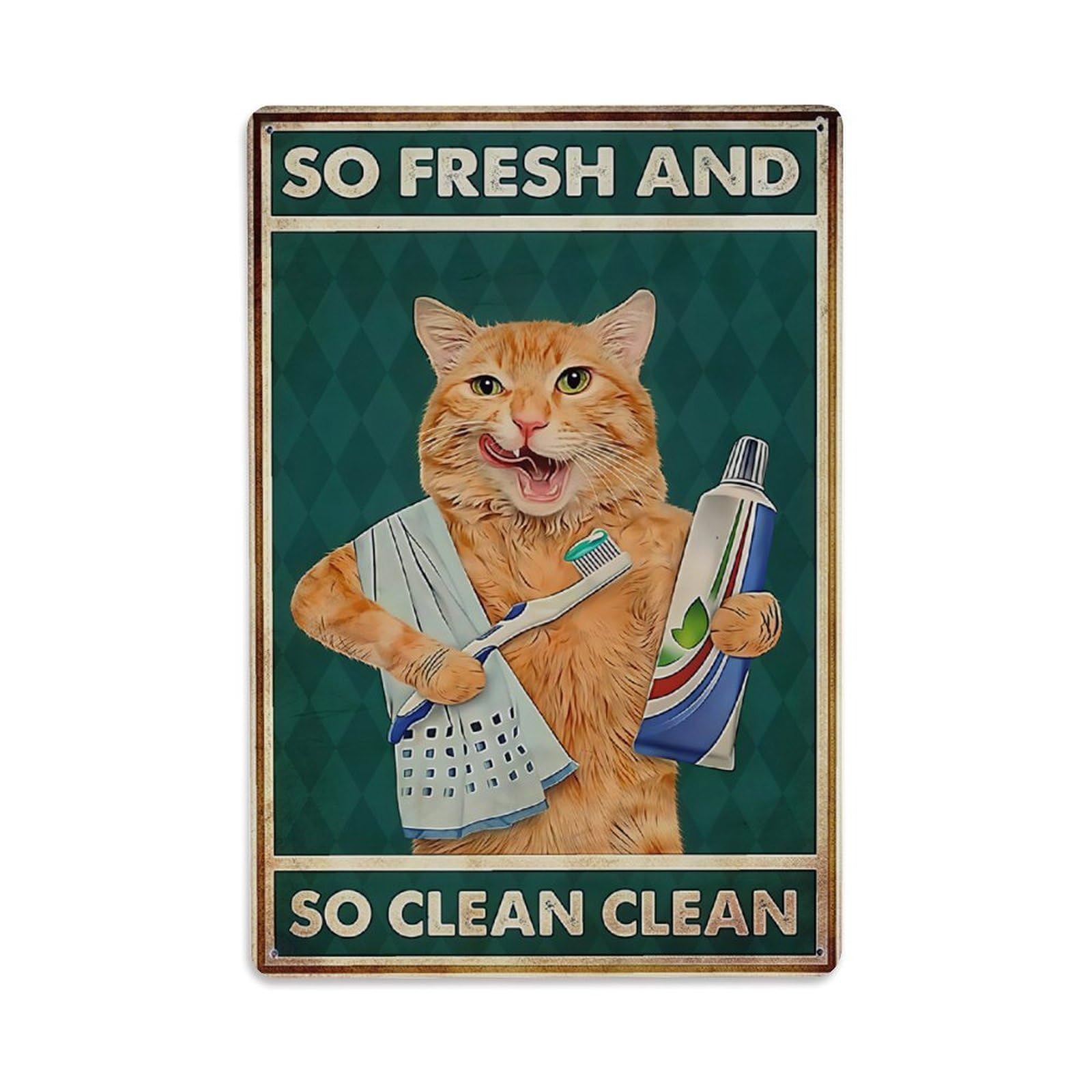 Vintage Funny Orange Cat Brushing Teeth Metal Tin Vintage Aluminium Metal Sign, Retro Wall Decor for Home, Bar, Garage & Farmhouse 30x20cm
