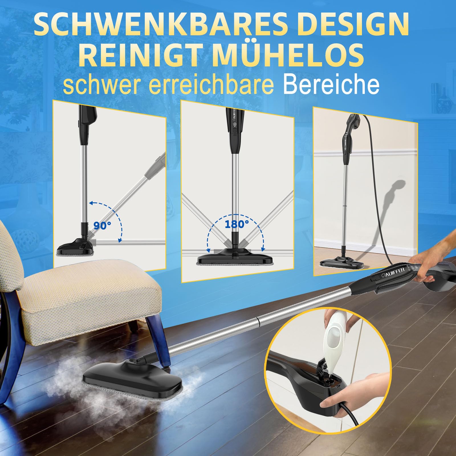 Scopa a Vapore Lavapavimenti, Steam Mop Multiuso 17-in-1 con Pad in Microfibra/Ruvido, 2 Livelli di Vapore, Ruotabile/Rimovibile, Disinfetta/Rimuove lo Sporco, Pulitore a Vapore per Tutti i Pavimenti