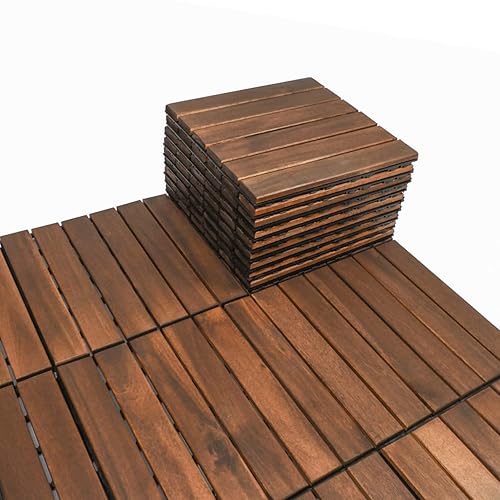 BEEFURNI 10 azulejos entrelazados de 12 x 12 pulgadas, azulejos de madera de acacia entrelazados al aire libre para todo tipo de clima, azulejos de