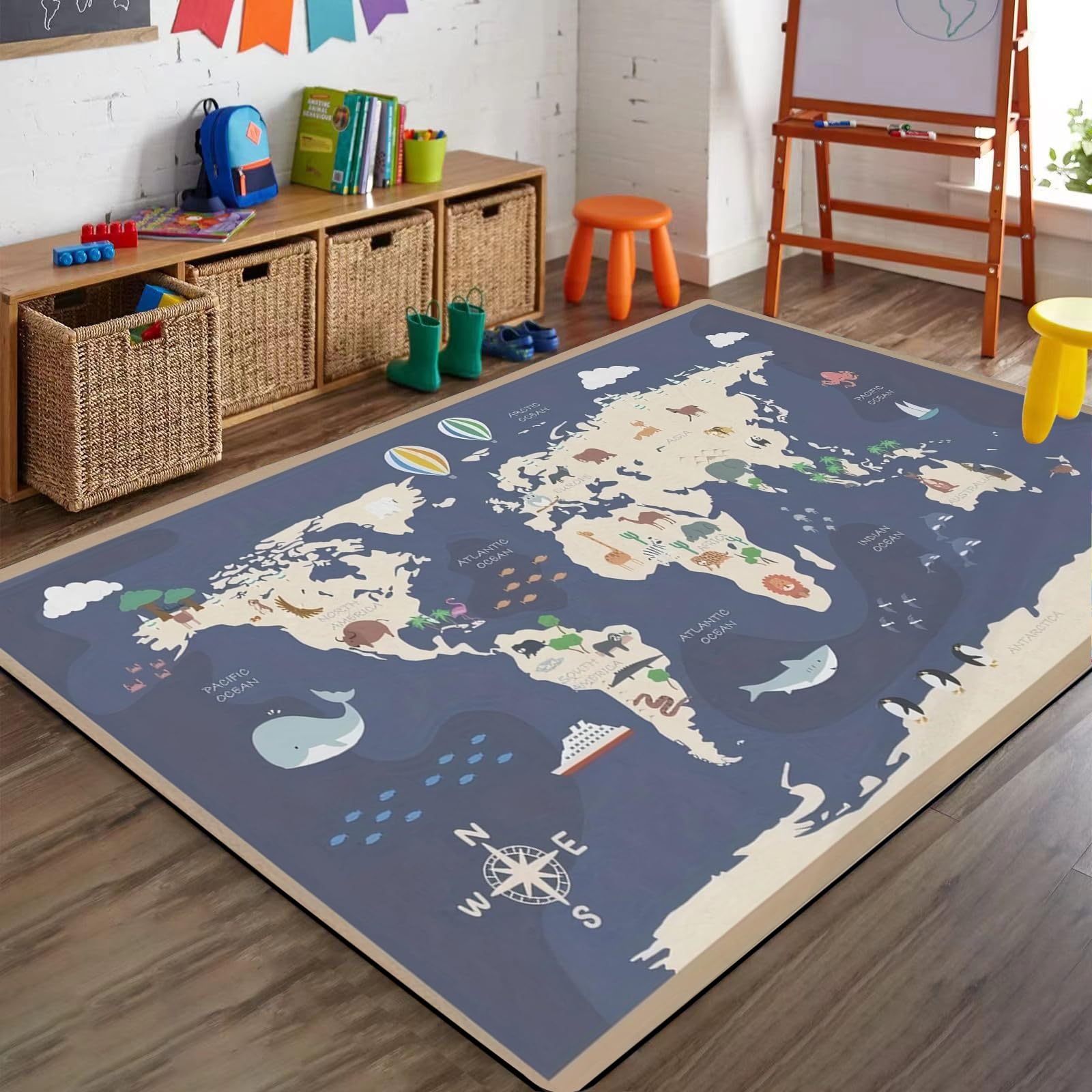 Bycmuoz Cartoon Nautical World Map Area Rug, 80x150cm, Coastal Compass Ocean Island Animal World Bedroom Carpet, Nursery Decor Fade Resistant Low Pile Anti Slip Rugs for Indoor Floor