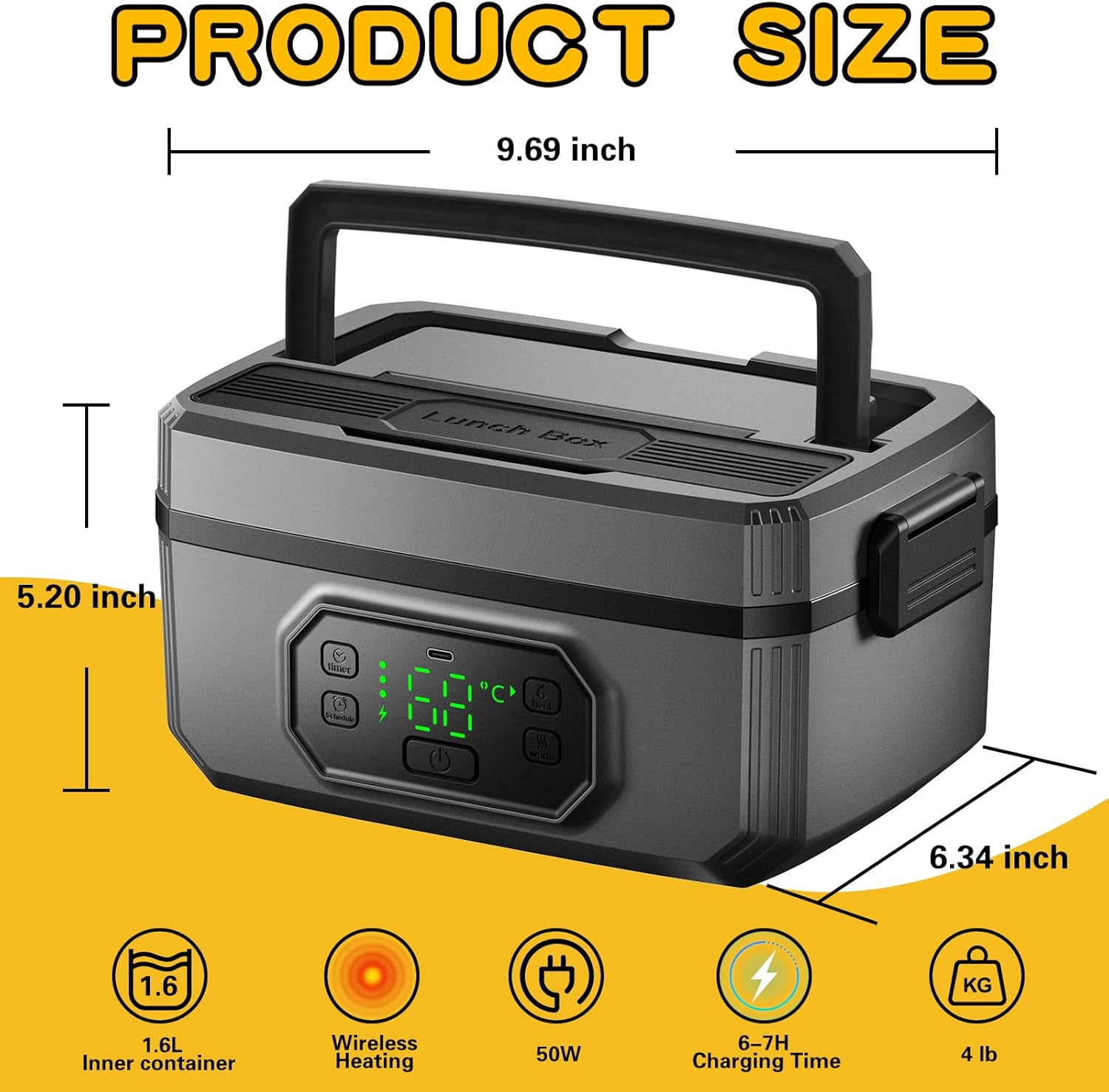 Swingers Cordless Heated Lunch Box, 24000mah Self Heating Lunchbox Battery Powered, 1.6L Portable Electric Lunch Box For Adults, Work And Travel Use (Black)