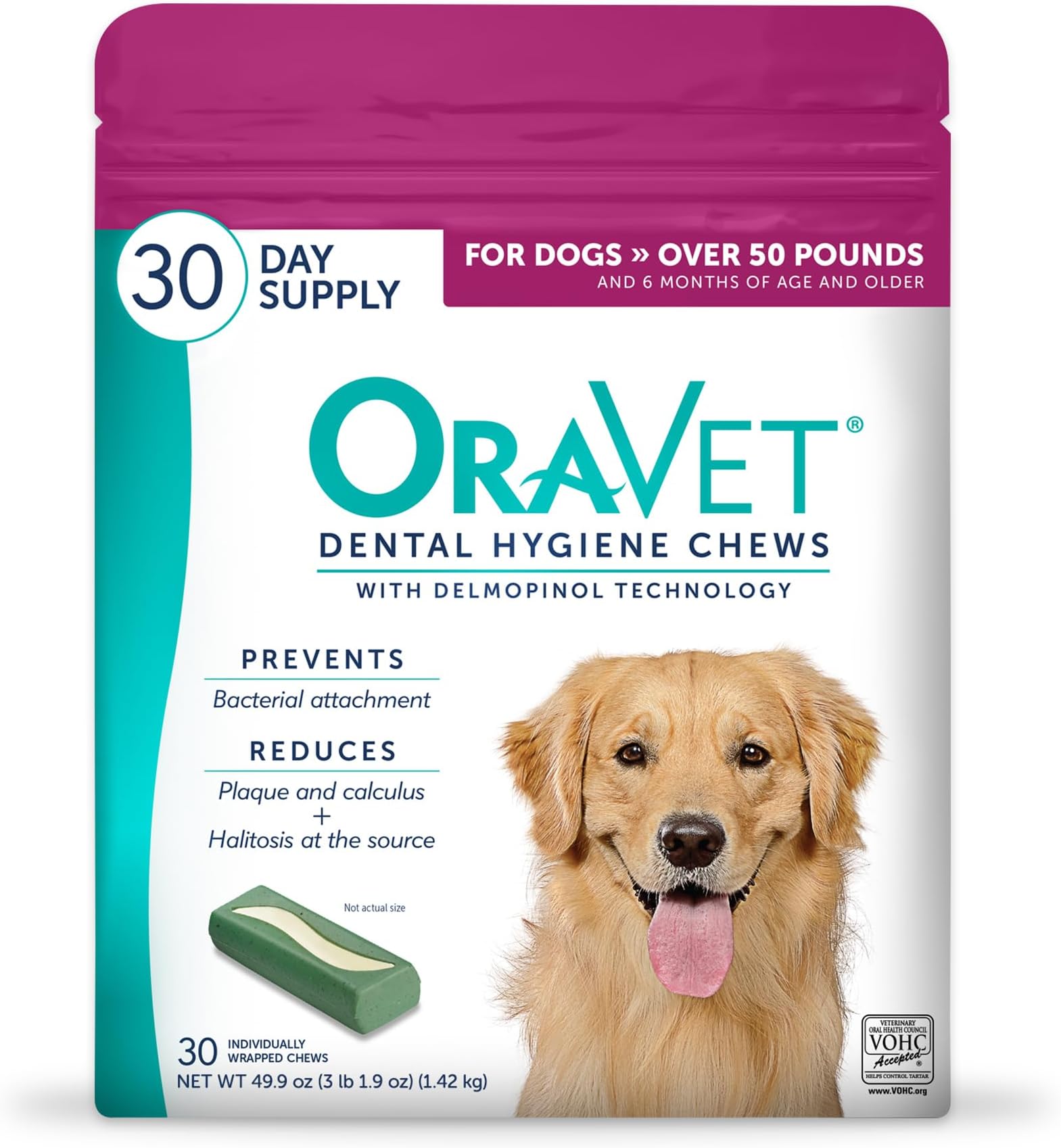 Dental Chews for Dogs, Oral Care and Hygiene Chews (Large Dogs, Over 50 lbs.) Pink Pouch, 30 Count