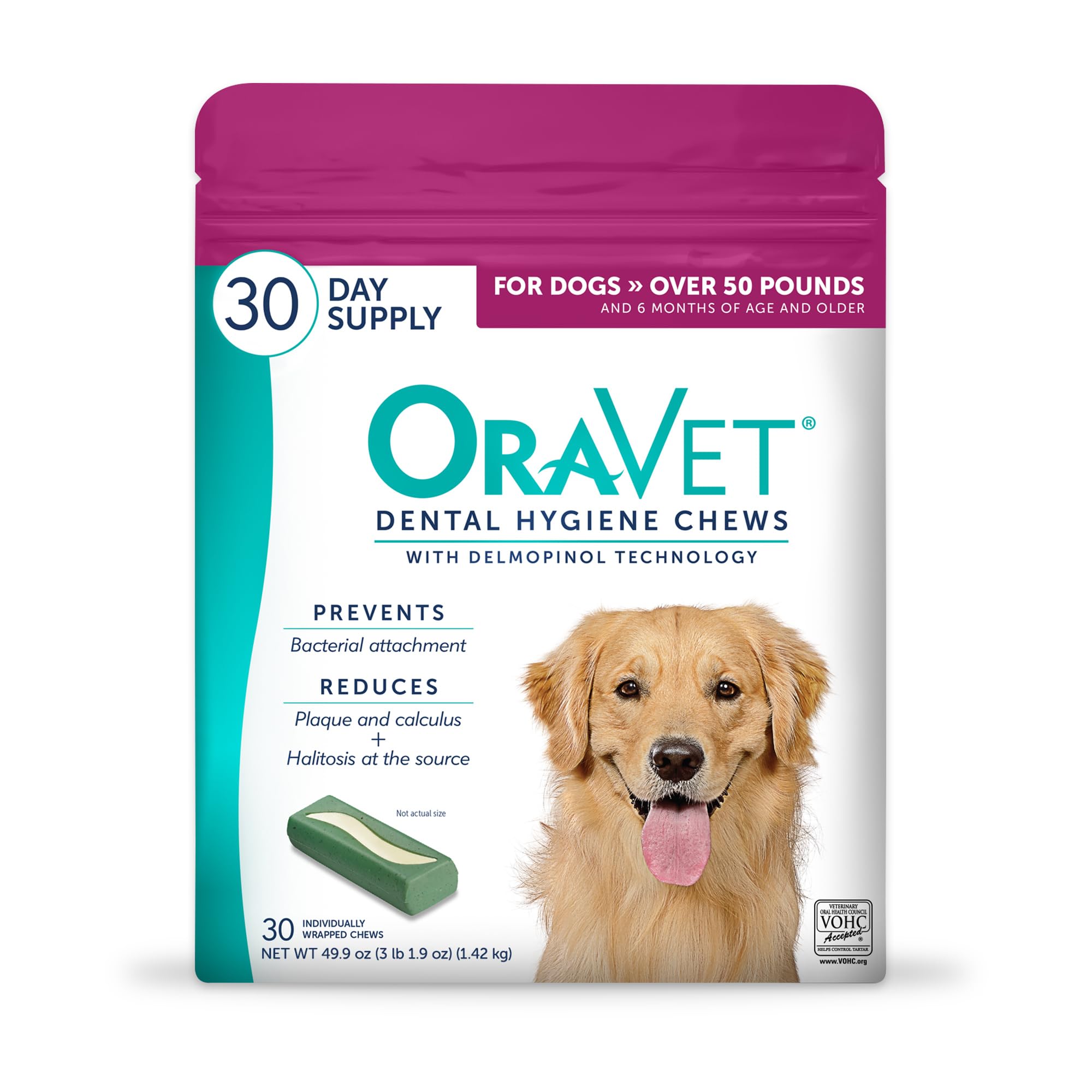 ORAVET Dental Chews for Dogs, Oral Care and Hygiene Chews (Large Dogs, Over 50 lbs.) Pink Pouch, 30 Count