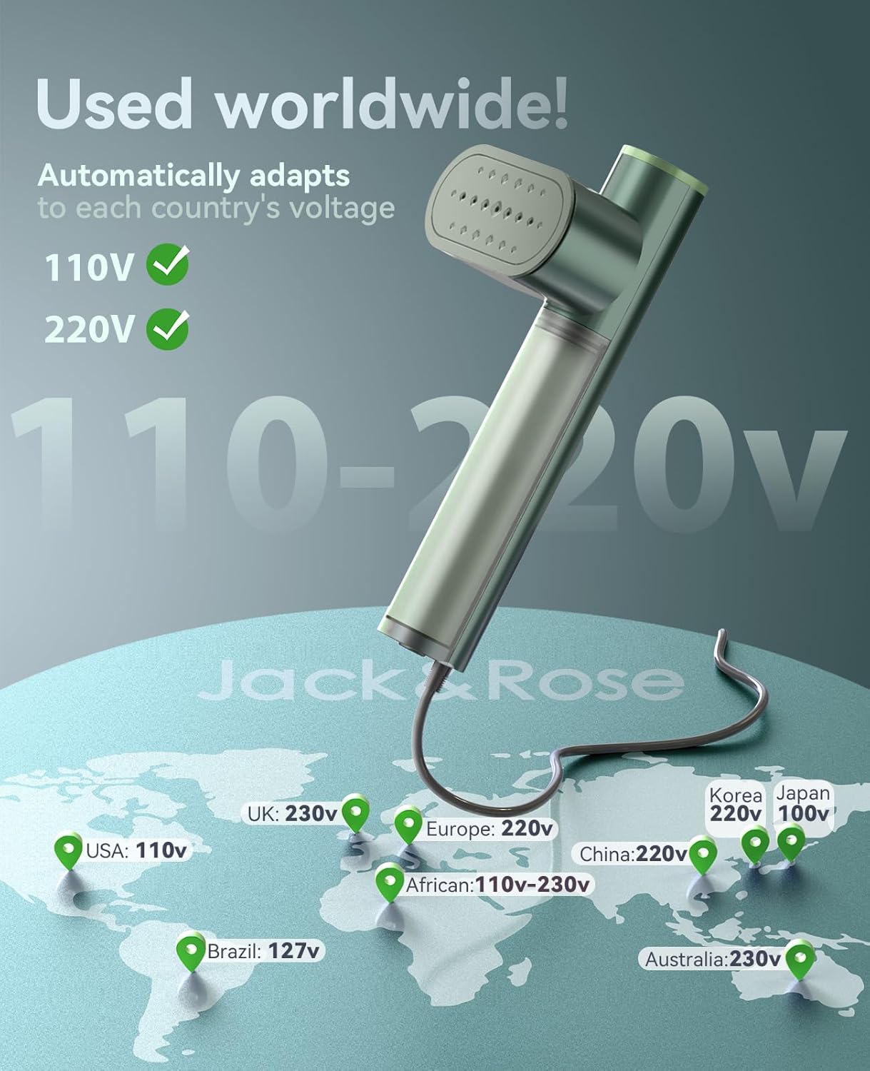 Jack ＆ Rose Travel Steamer for Clothes,100-220V Portable Iron,15s Heat Up,Steamer ＆ Iron 2 In 1, Travel Size,Large Ceramic Heat Panel,for Global and Europe