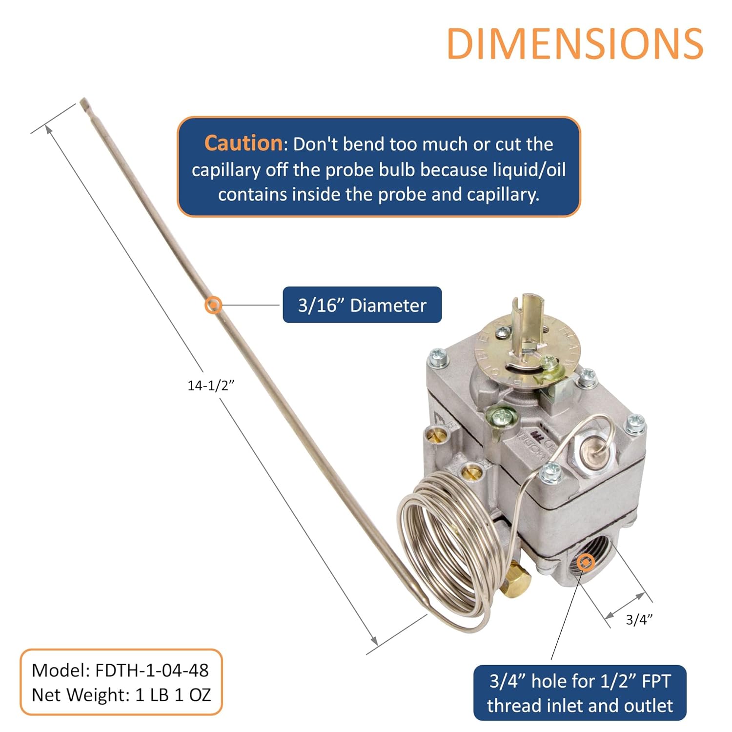 Robertshaw FDTH-1-04-48 Gas Oven Thermostat for 46-1076 Baker Pride M1005X Lincoln 369006, 48" Capillary