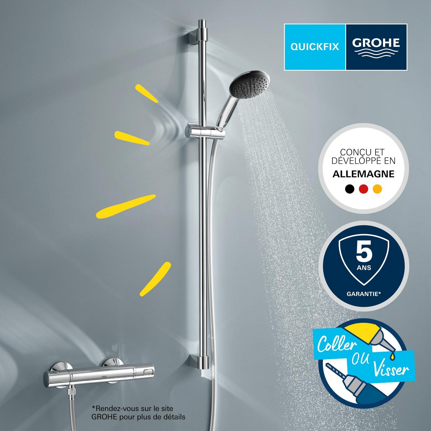 GROHE Precision Start Mitigeur Thermostatique Douche, Ensemble de Douche 1 jet avec barre 90cm, Economie d'Eau, Flexible 1,75m, Chromé, 34854001