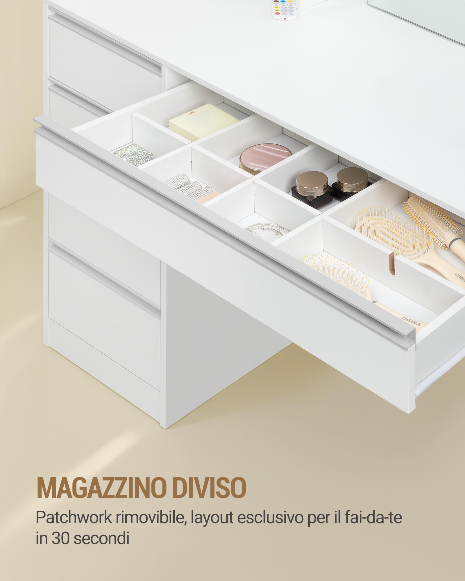 Hzuaneri 120 cm Toeletta da Trucco con 8 cassetti, Grande Specchio con Illuminazione LED RGB, Luminosità Regolabile, Contenitore per Gioielli Integrato, Piano di Lavoro Largo con Comodino, Bianco