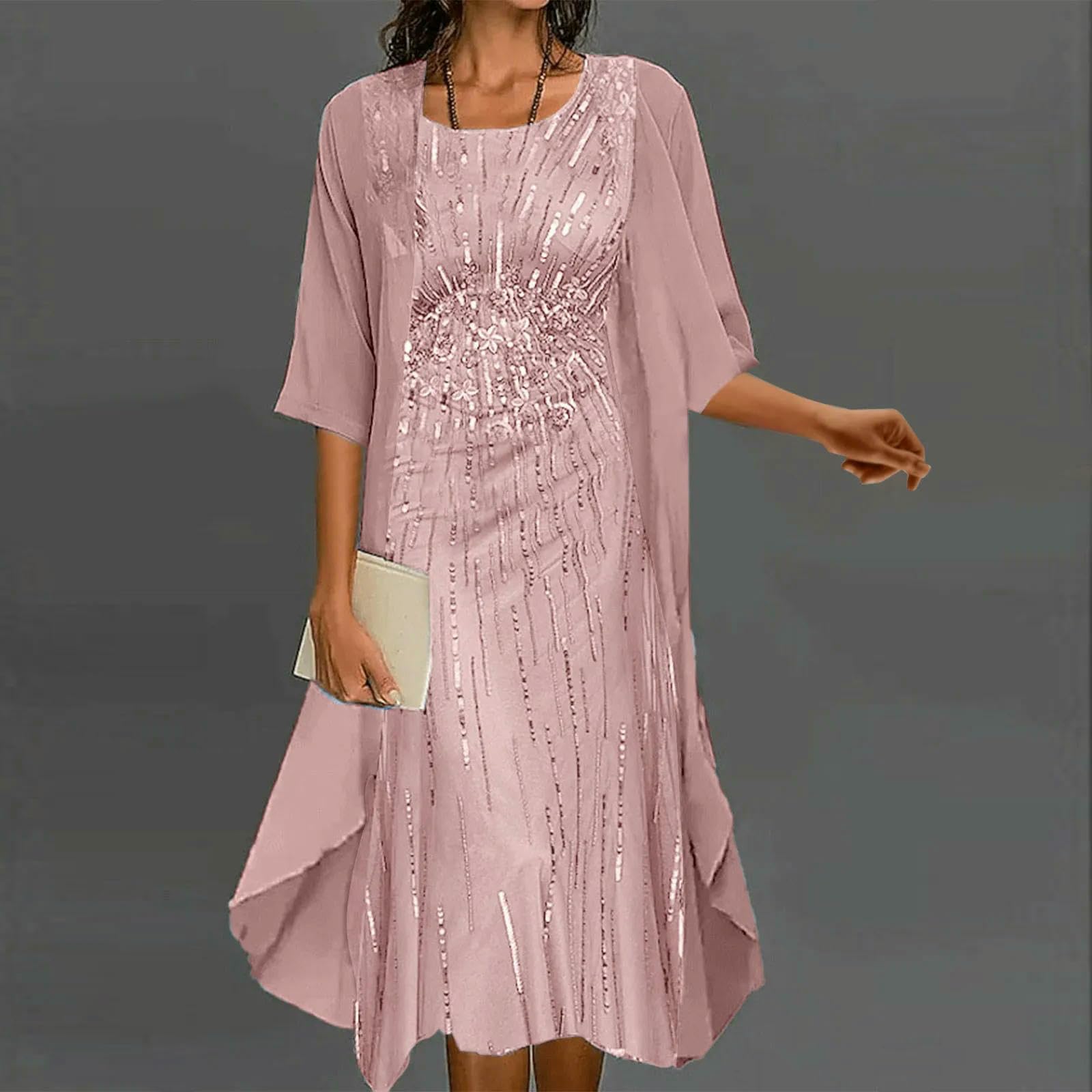 Vestiti a Maniche Lunghe Set di Abiti in Chiffon Due Pezzi Femminile, Elegante Abito con Paillettes O-saccello, da Banchetto per Feste Nozze, Vestito Sera, Abbigliamento Donna Casual Moda
