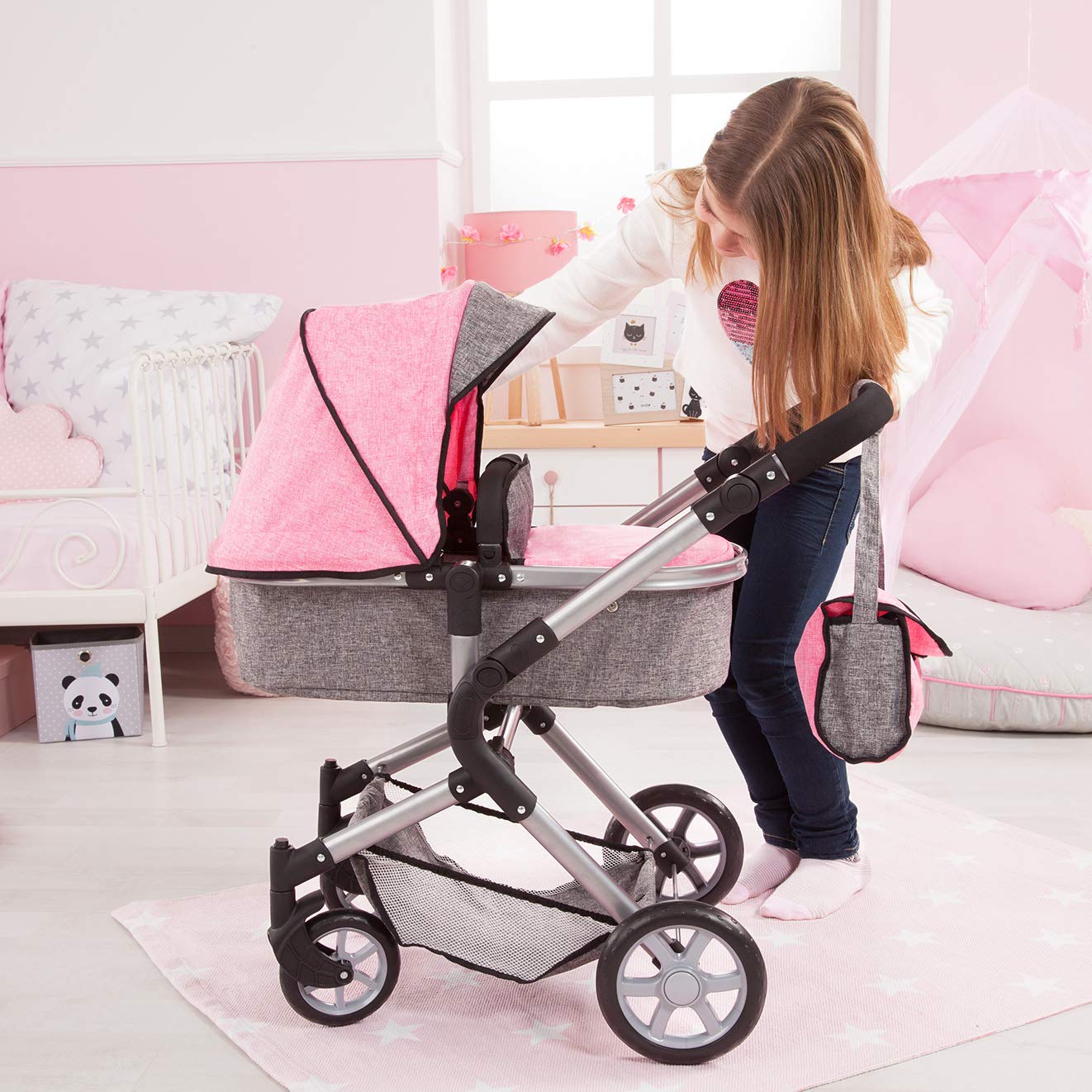 Bayer Design 18125Aa - Cochecito de Muñecas City Neo, Convertible, Rosa, Gris | convertible, con bolsa, rosa, gris