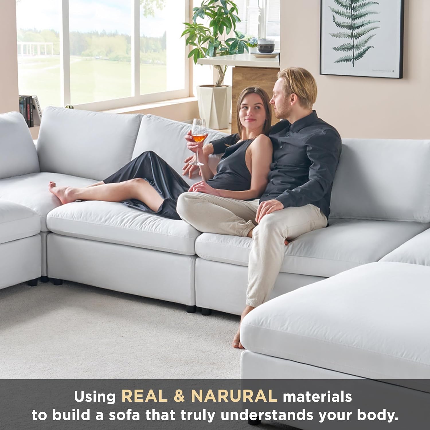 PaPaJet Modular Sectional Sofa, 76 Inches Down Filled Sectional Couch, Loveseat Oversized Comfy Sofa for Living Room, White Linen Cloud Couch Set