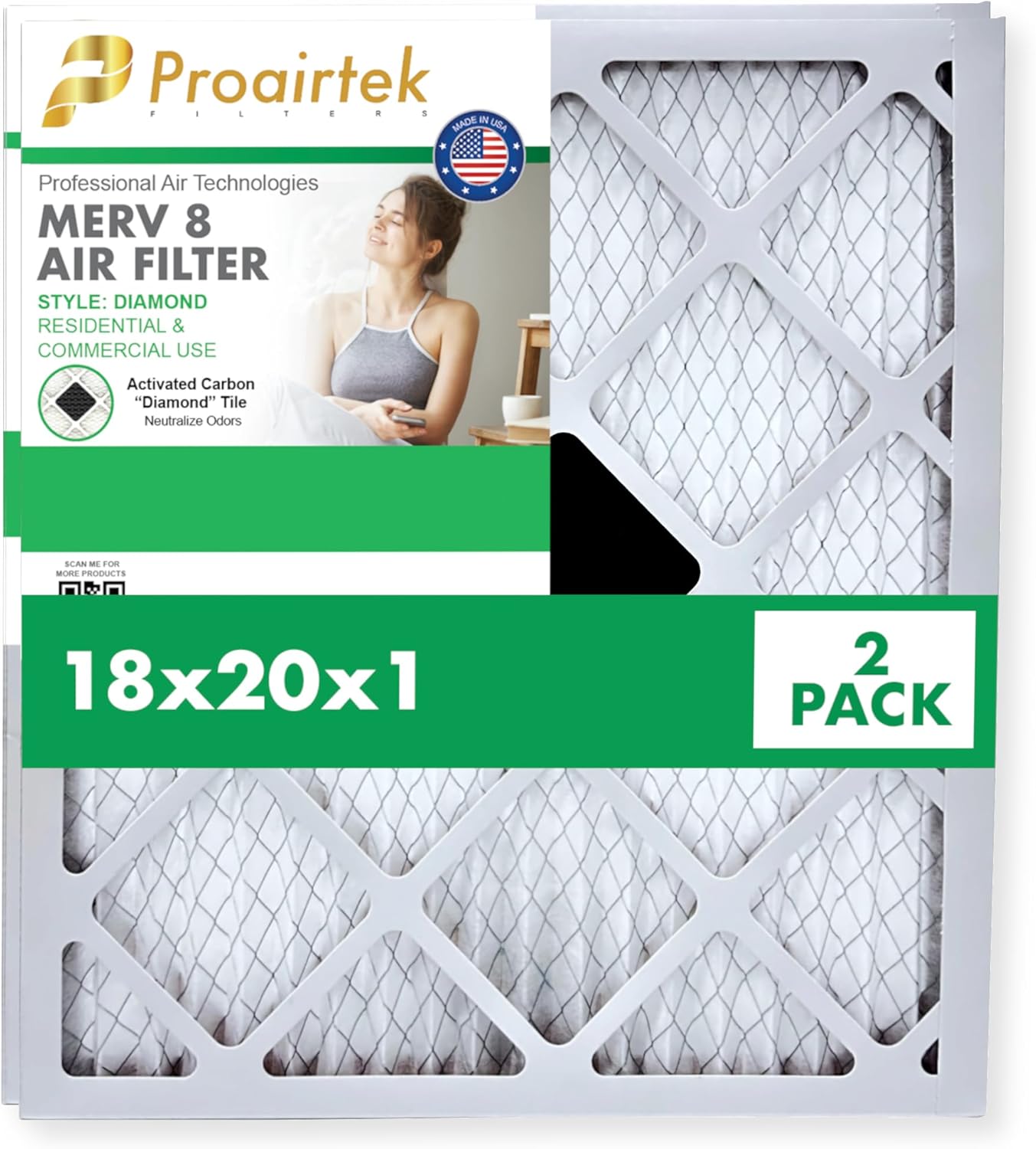 Proairtek AF18201M08DWH Model Diamond 18x20x1 Pack of 4 Air Filters, MERV 8 with One "Diamond" Activated Carbon Tile to Neutralize Odors; Durable Electrostatic Pleated Design; Made in USA