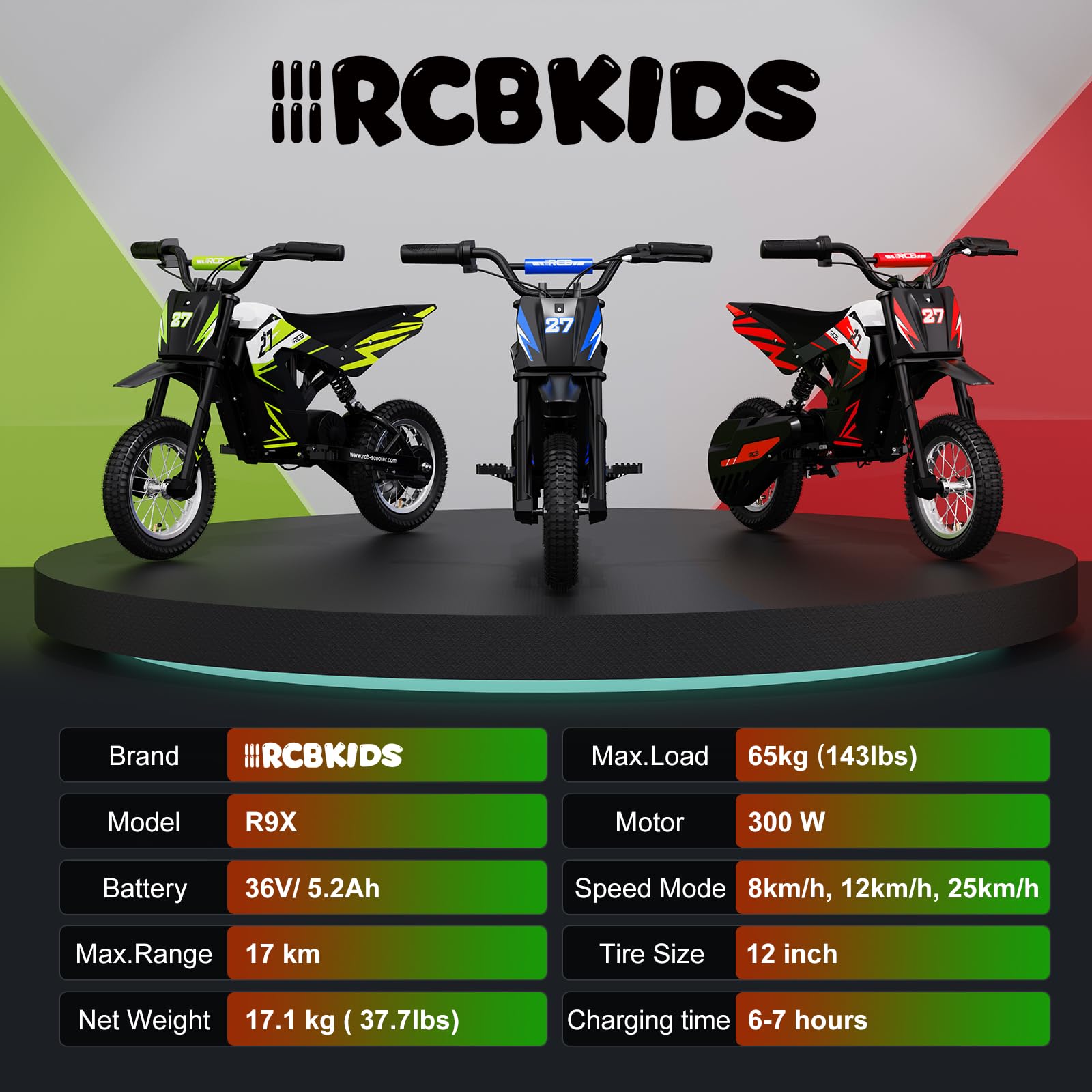 R9X Elektro Motorrad Kinder, Elektromotorrad mit 3 Geschwindigkeitsmodus, Max 25km/h, 36V/5,2Ah Akku, Reichweite 17KM, 12 Zoll Luftreifen, Moto Crossbike für Kinder （blau）