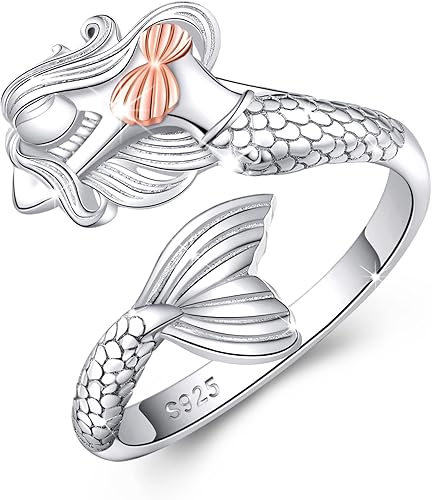 Anillo de sirena de plata de ley 925 anillo de sirena de cuento de hadas anillo ajustable de cola de sirena regalos para mujeres adolescentes niñas