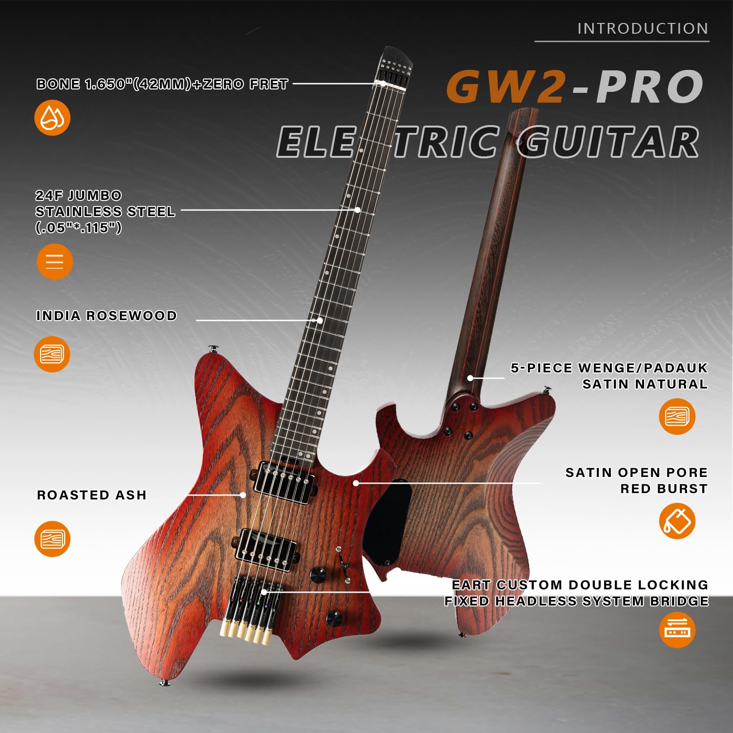 EART GW2-Pro Headless E-Gitarre feste Brücke für Reisen, geröstete Esche Solid Body - Wenge Neck, Trans White/Natural/Solid Black