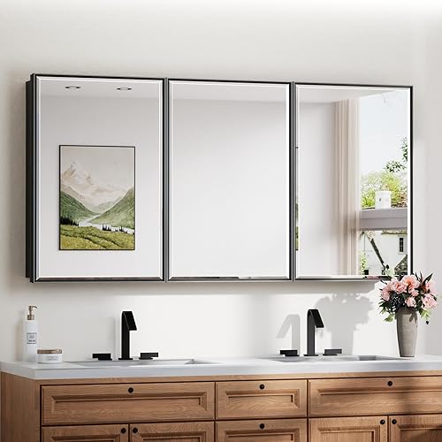 Miniatura 20 de TokeShimi Botiquín empotrado de 26 x 30 pulgadas con espejo montado en la pared, espejo biselado de metal con almacenamiento para tocador de baño