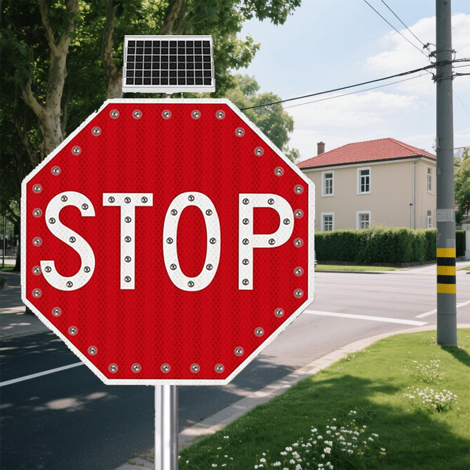 Segnale di stop lampeggiante a energia solare - 24" LED lampeggiante di avviso stradale ottagonale lampeggiante, alluminio resistente e membrana di qualità tecnica per una maggiore visibilità e