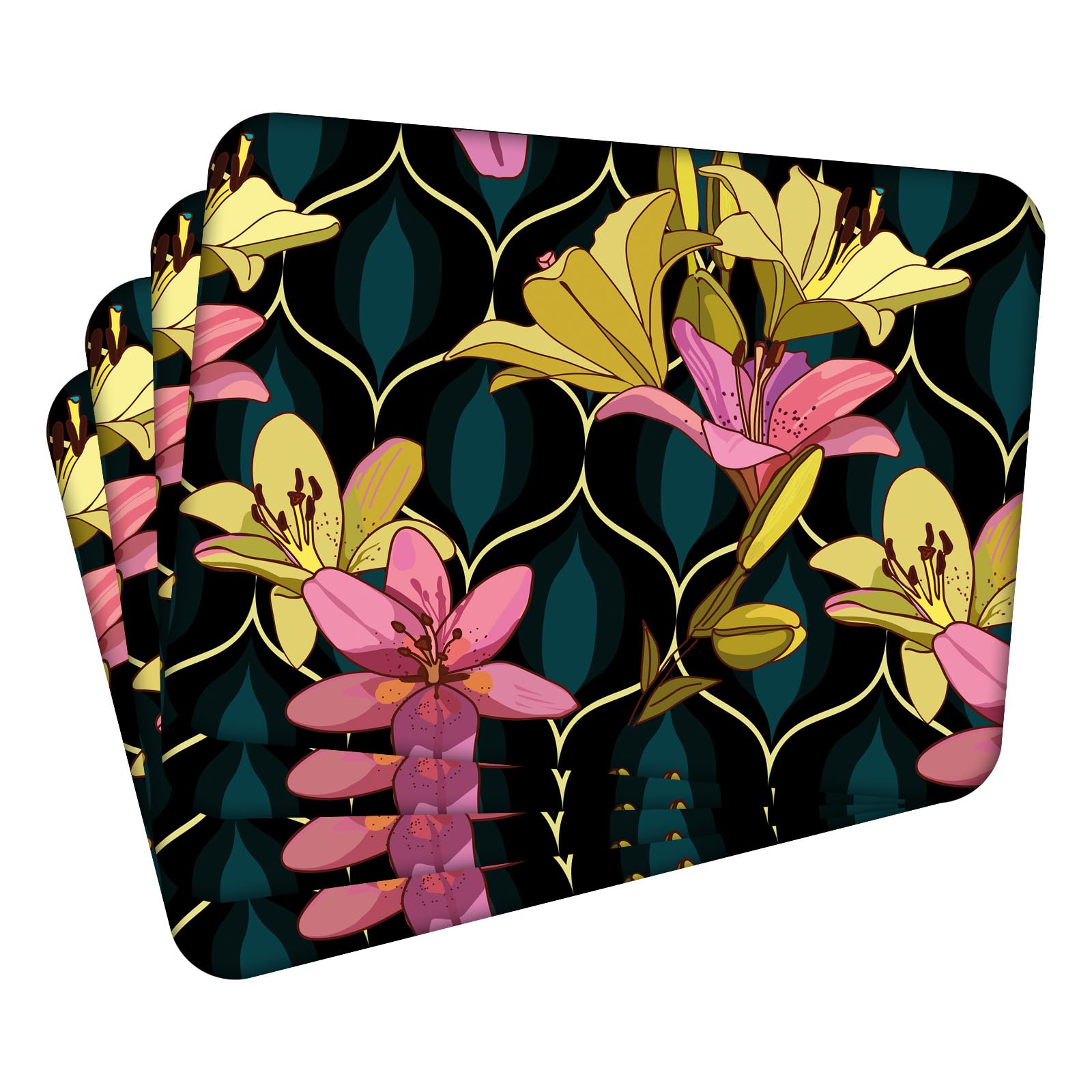 Mg Design Set of 4 Cork Placemats – Flowers 7 – 12 x 16 in (30 x 40 cm) – Heat Resistant and Eco-Friendly Dining Table Mats
