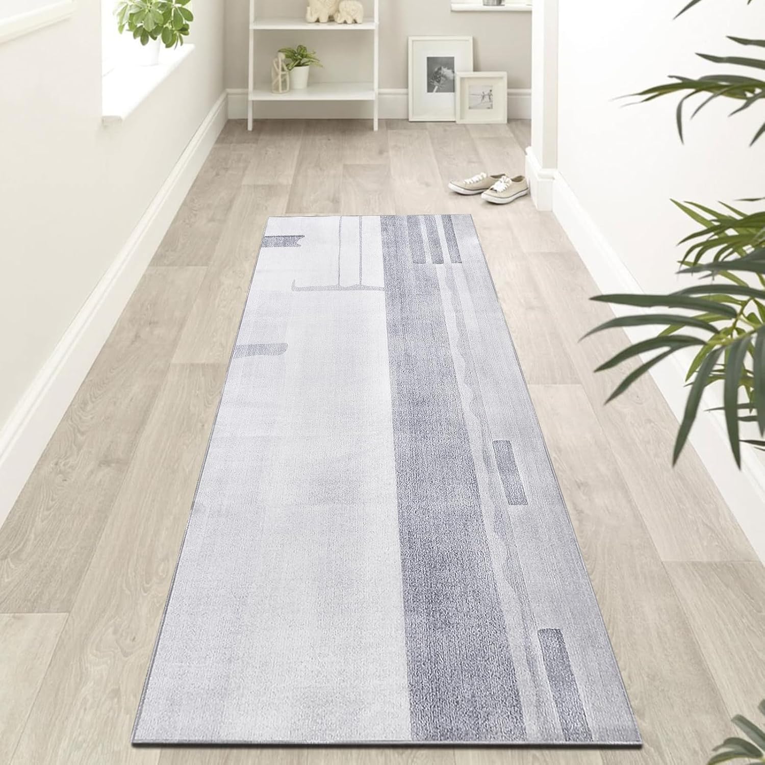 Calore Modern Abstract Runner Rug for Hallways Soft Distressed Geometric Area Rug Indoor Non Slip Carpet for Laundry Room Doorway Bedroom (Grey/Light Blue, 2'x 8')