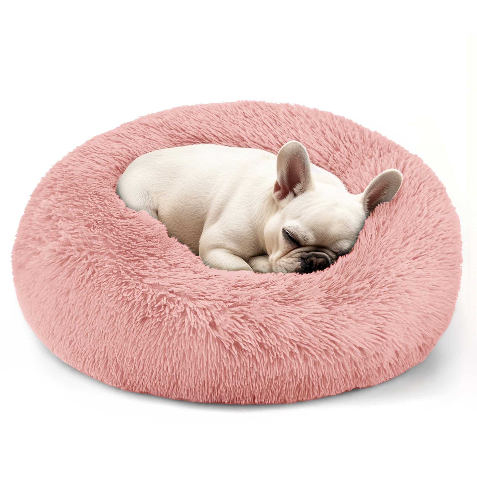 Hoewina Dog & Cat Bed, 20in Cat Beds for Indoor Cats, Calming Donut Bed for Puppy and Kitten, Washable Round Fluffy Pet Bed for Small Medium Dogs and Cats (Pink)
