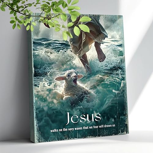 Arte de pared cristiano de Jesús y cordero caminando sobre el agua, arte de pared cristiano de Jesús salvando cordero, lienzo, decoración enmarcada