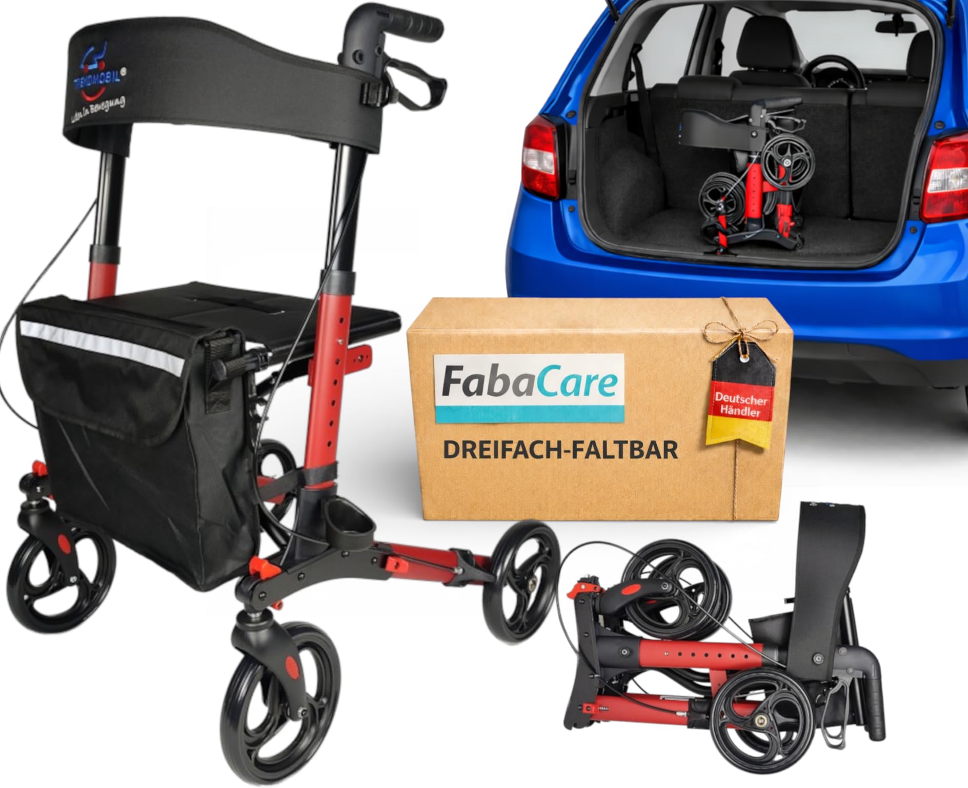 Kofferraum Rollator von FabaCare, Kompakt-Rollator, Dreifachfaltbar – Leichtgewicht, Vollausstattung, höhenverstellbar, Aluminium, bis 136 kg belastbar – platzsparend für Auto, Reise & Alltag, Weinrot