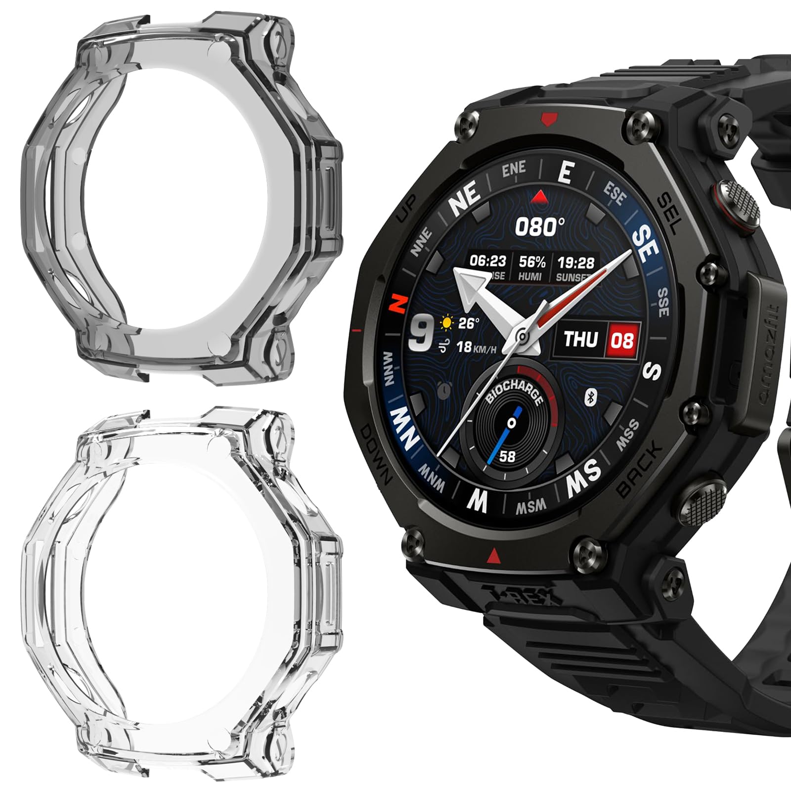Case Compatible with Amazfit T-Rex 3 Pro 48mm Protector, [2 Pieces] [Flexible TPU] [Anti-Scratch] Protective Shell for Amazfit T-Rex 3 Pro 48mm - Black & Transparent