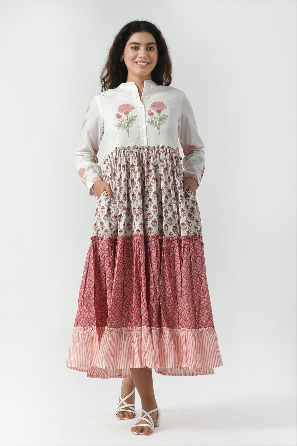 Women’s Block Print Maxi Dress, Cotton Tiered Long Gown with Pockets, Full Sleeve Button Down Ruffle Dress - Image 4