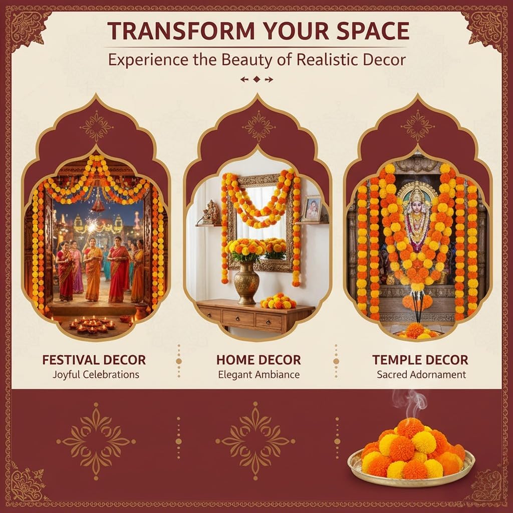 Marigold Garland 5 feet Long Strands Artificial Marigold Flowers Strings, Indian Garlands for Pooja, Wedding Christmas Decoration,Events Faux Garlands Spring Bush Floral (Orange + Yellow, 5 Pcs)