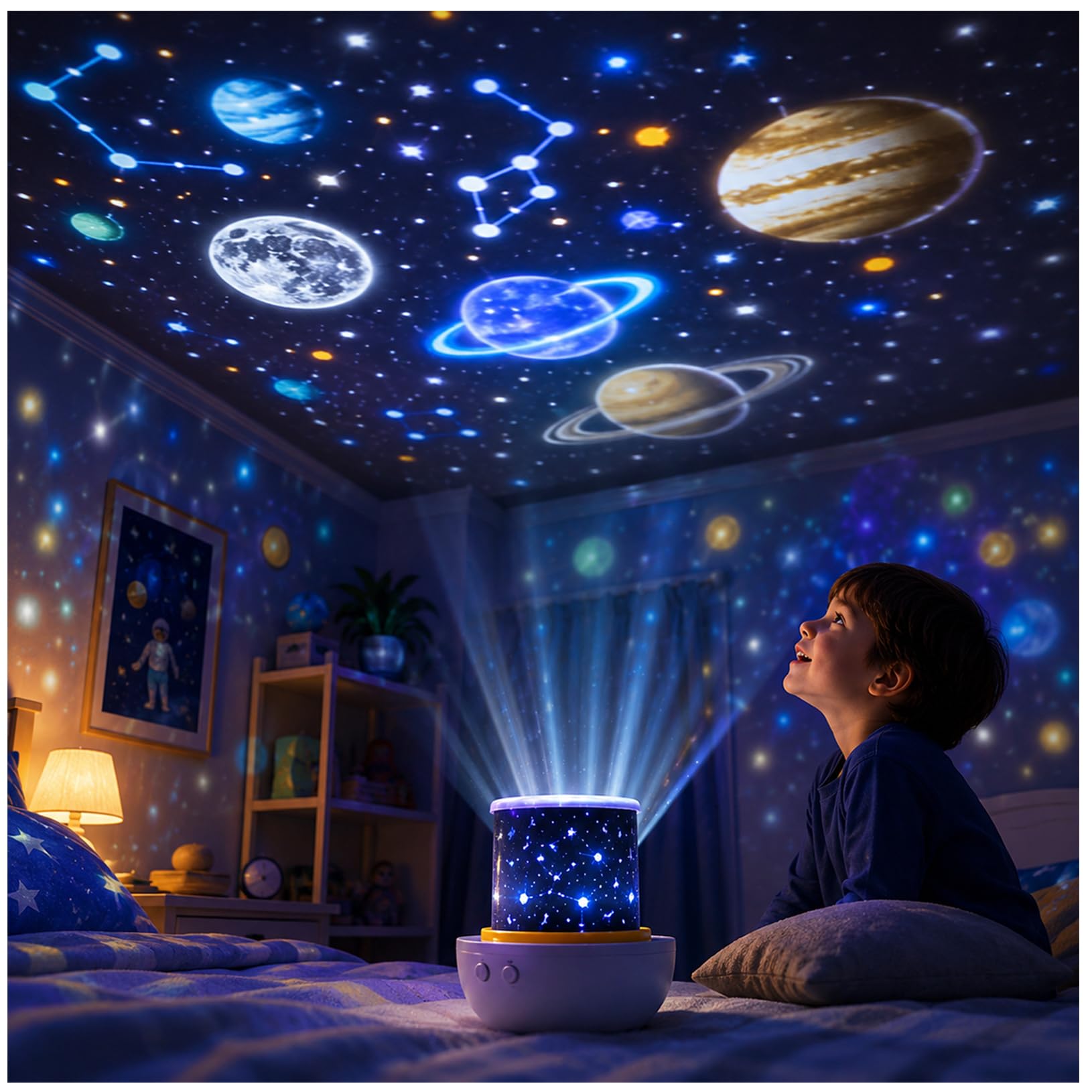 Proyector de luz nocturna para niños, proyector de luz de estrellas con cable USB, giratorio de 360 grados para niños, 7 juegos de películas