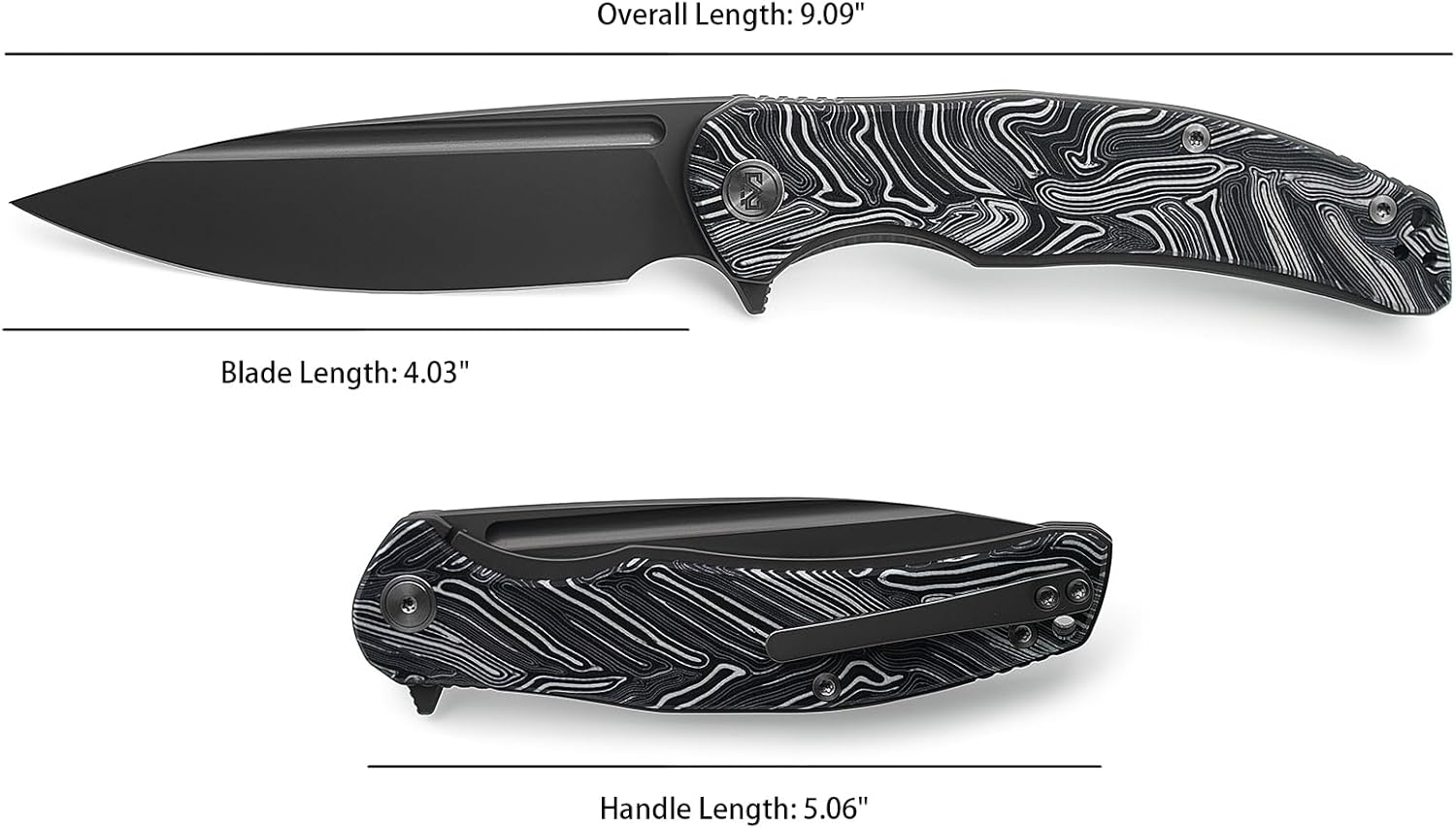 M Miguron Velona Flipper Folding Knife 4.03" Dark Grey PVD 14c28n Blade Black Damascus G10 Handle With Titanium Pocket Clip Camping Hiking Pocket Knife MGR-8003DBKII