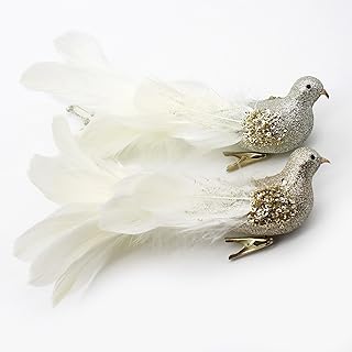 2 x champagne Christmas tree decoration birds