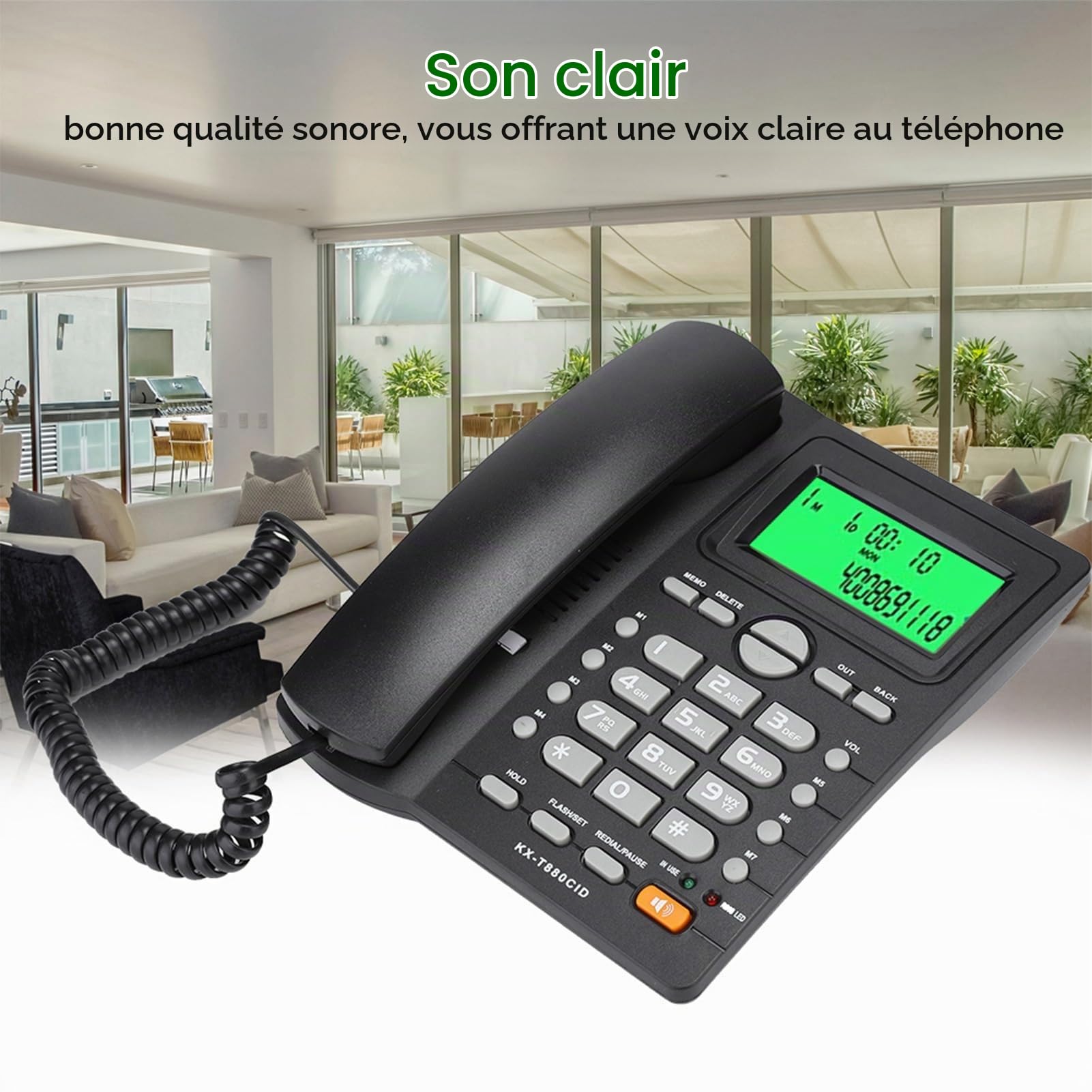 Réduction du Bruit du téléphone Système de répondeur téléphonique Fixe, Fonction de Pause/Mise en Attente Recomposition du dernier numéro(Black)